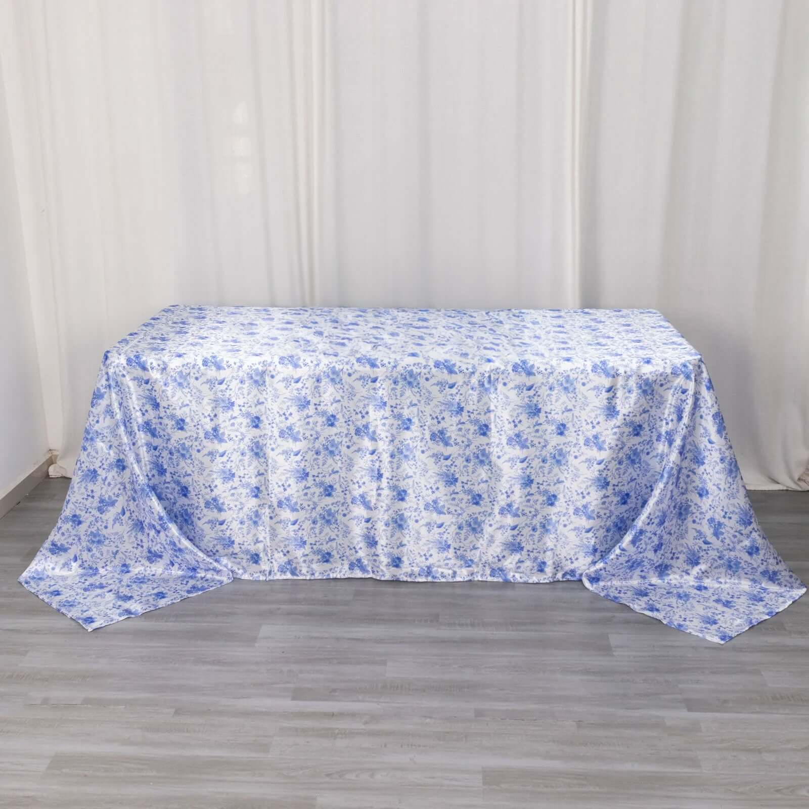 Exclusive Satin 90x132 Rectangular Tablecloth - White/Blue French Toile Design, Wrinkle-Resistant