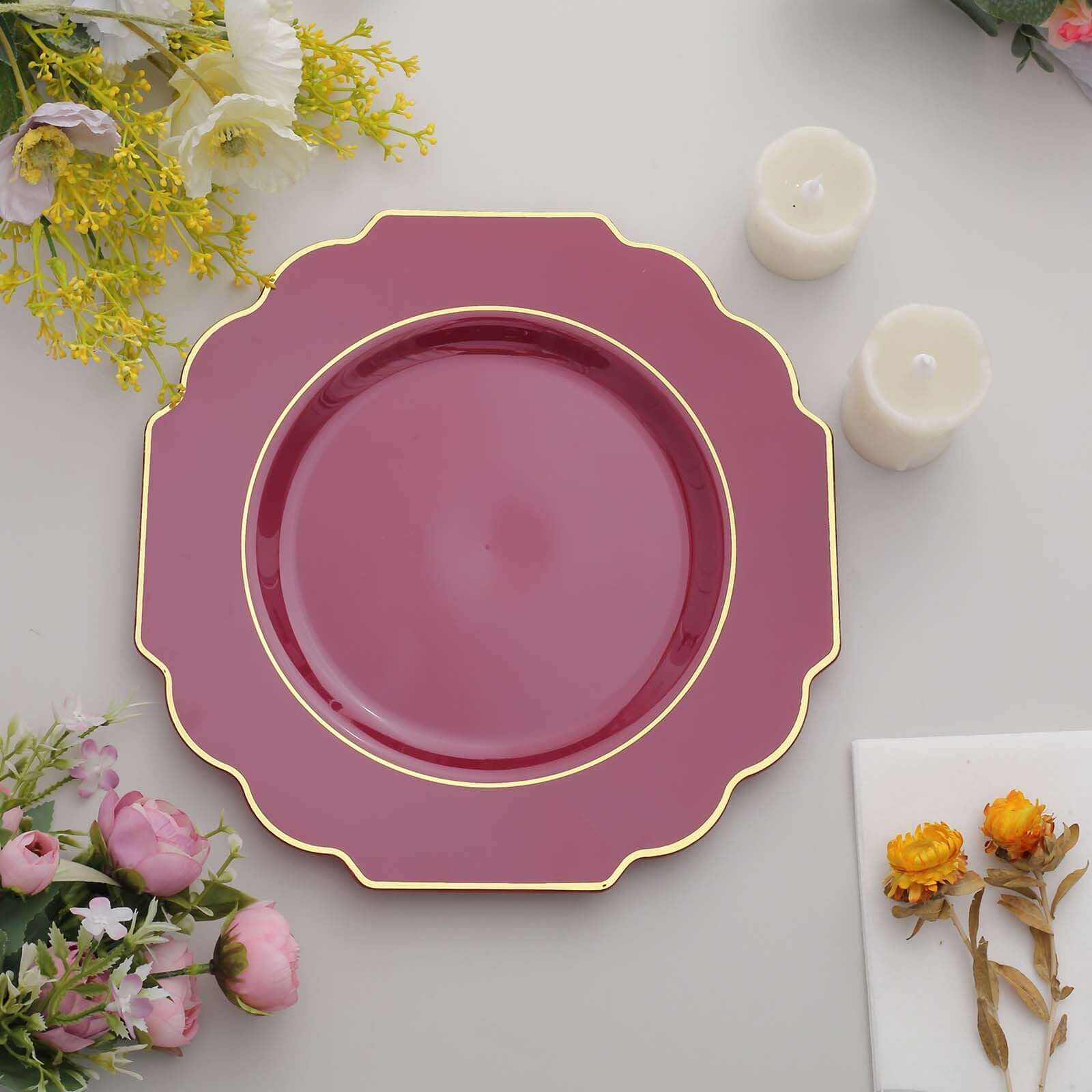 10-Piece Set of Heavy Duty Disposable Burgundy Baroque Dinner Plates with Scalloped Gold Rim