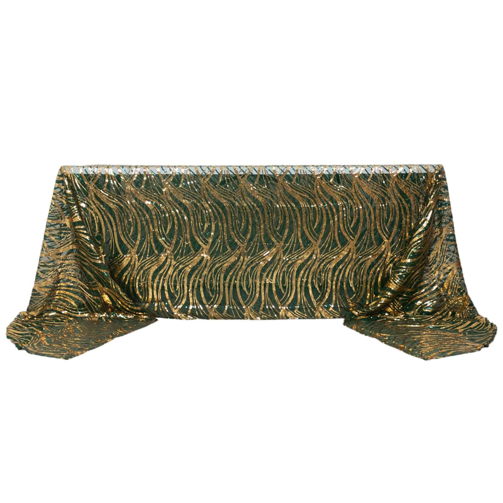 Sparkling Wave Sequin Embroidered Mesh Rectangle Tablecloth - Hunter Emerald Green/Gold