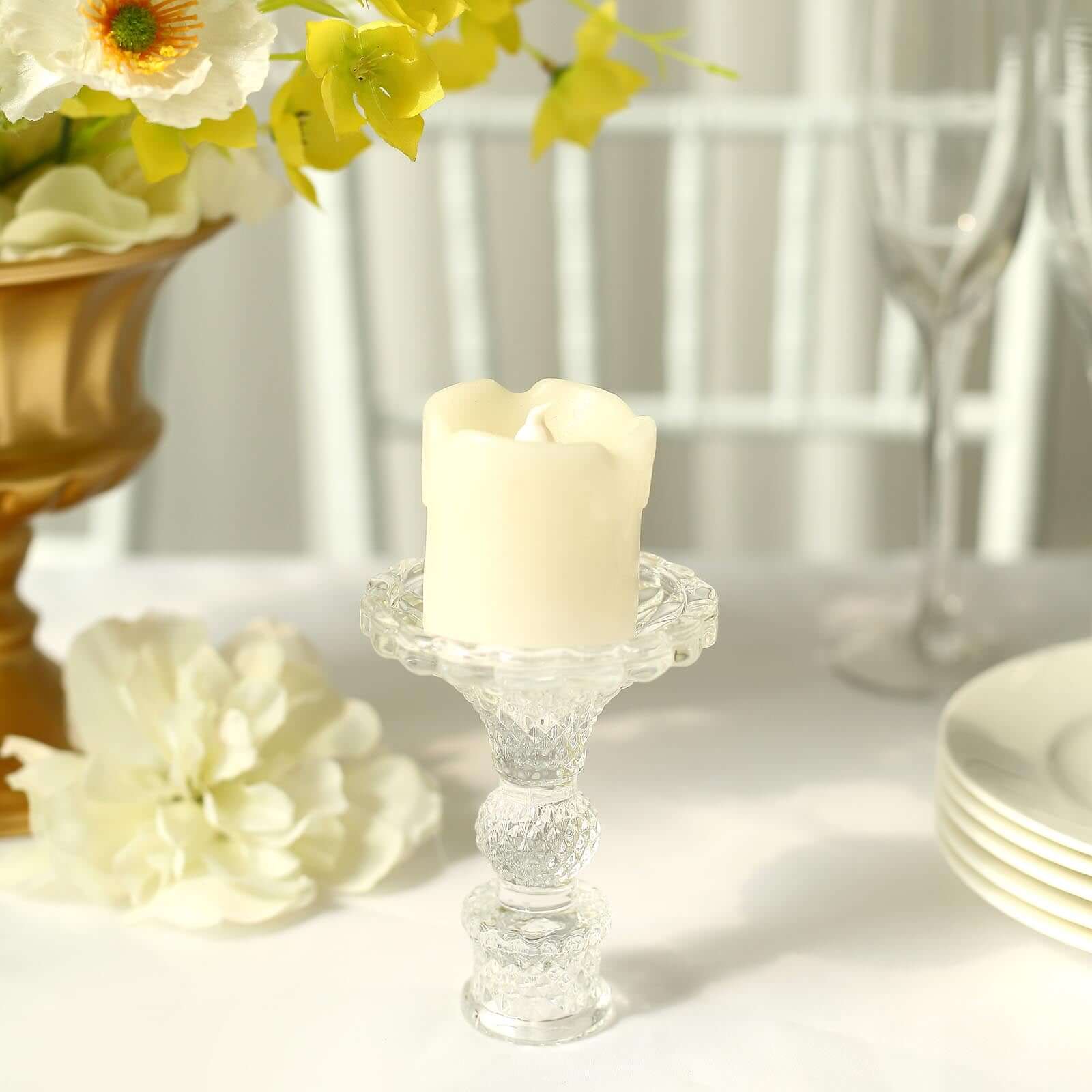 6-Piece Clear Glass Taper & Pillar Candle Holders with Diamond Pattern
