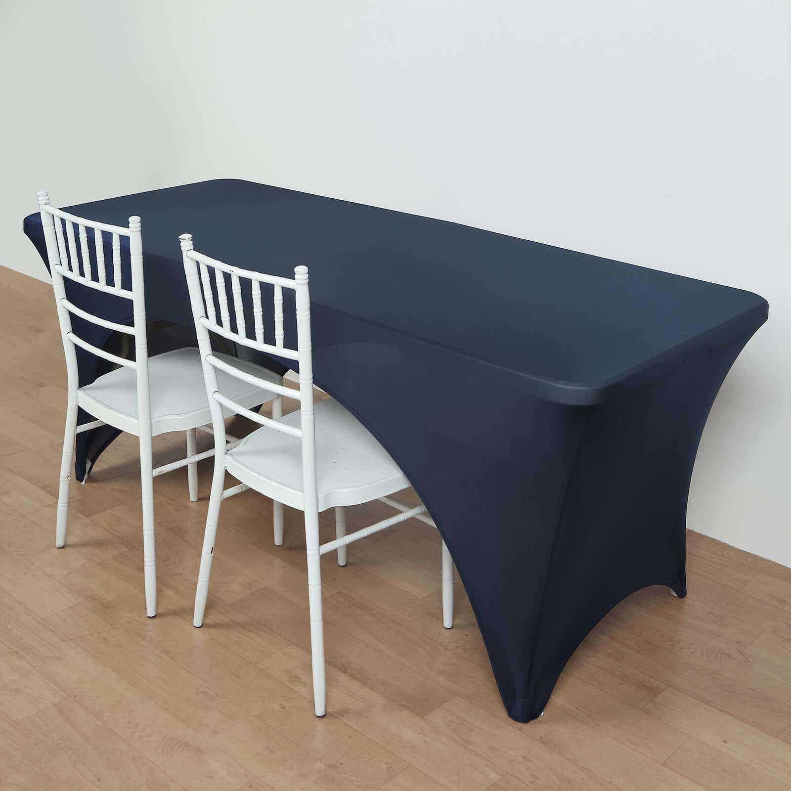 Navy Blue Stretch Spandex 96x30 Rectangle Table Cover with Curved Open Back - Professional Look