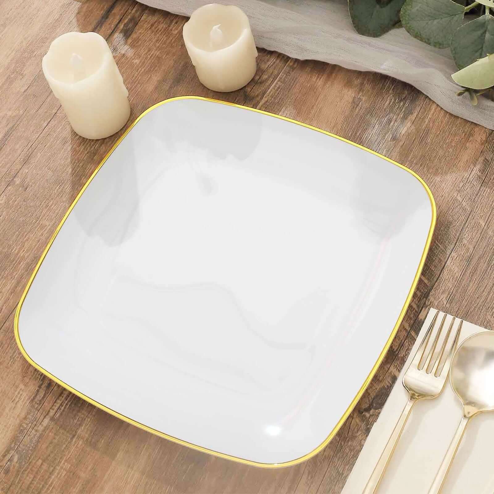 10-Pack White Plastic Dinner Plates with Gold Rim - Disposable for Weddings and Special Events