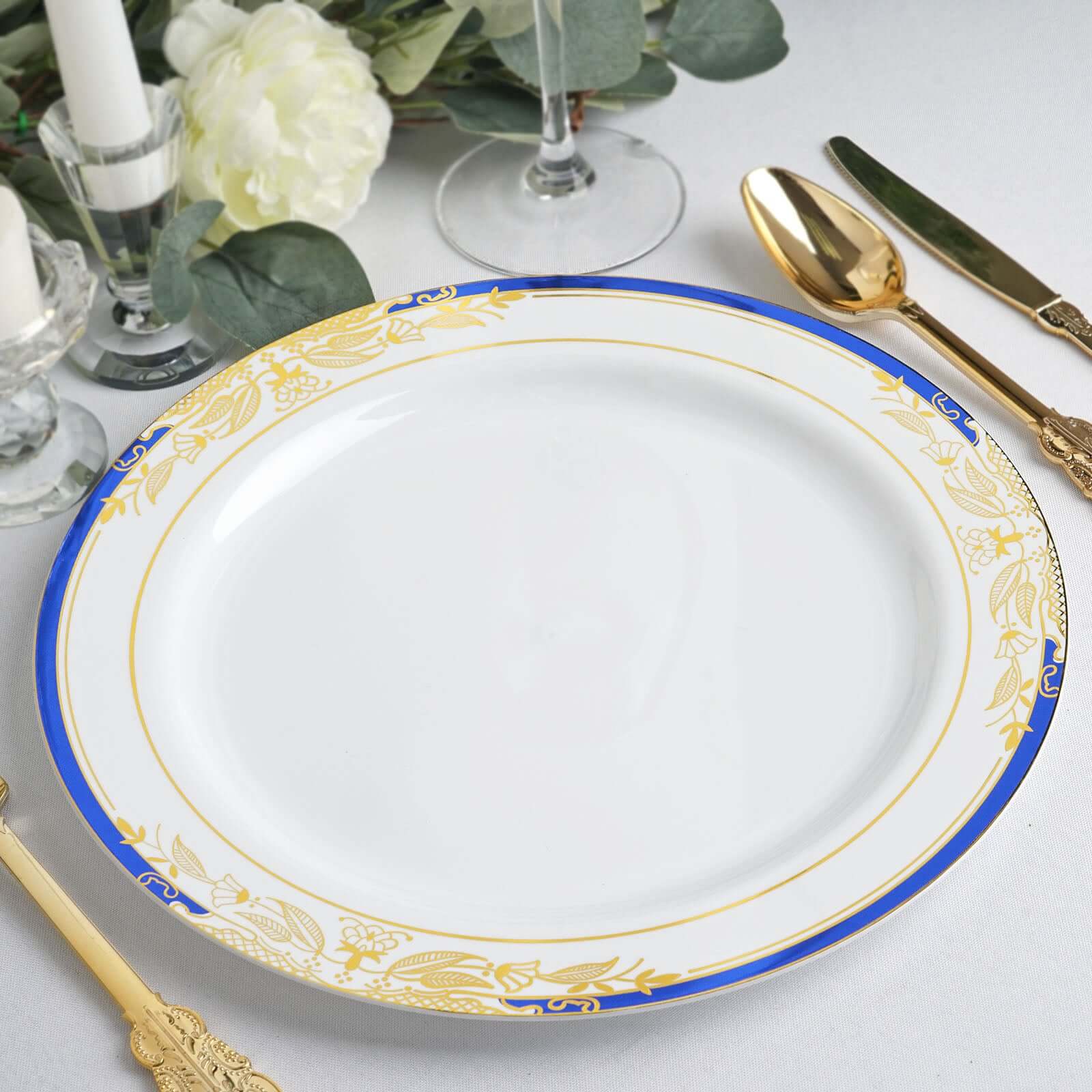 10-Pack Disposable White Dinner Plates with Royal Blue Rim and Gold Vine Design for Special Events