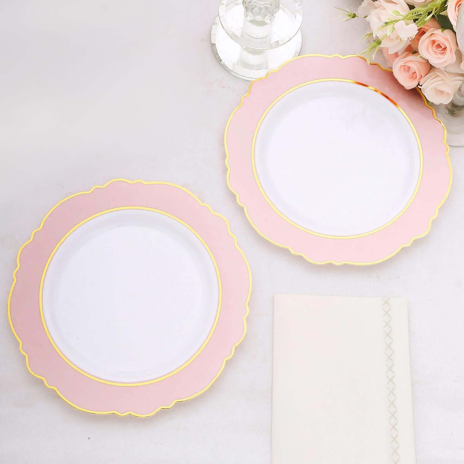 10-Pack Disposable White Plastic Dessert Plates with Blush Blossom & Gold Edging