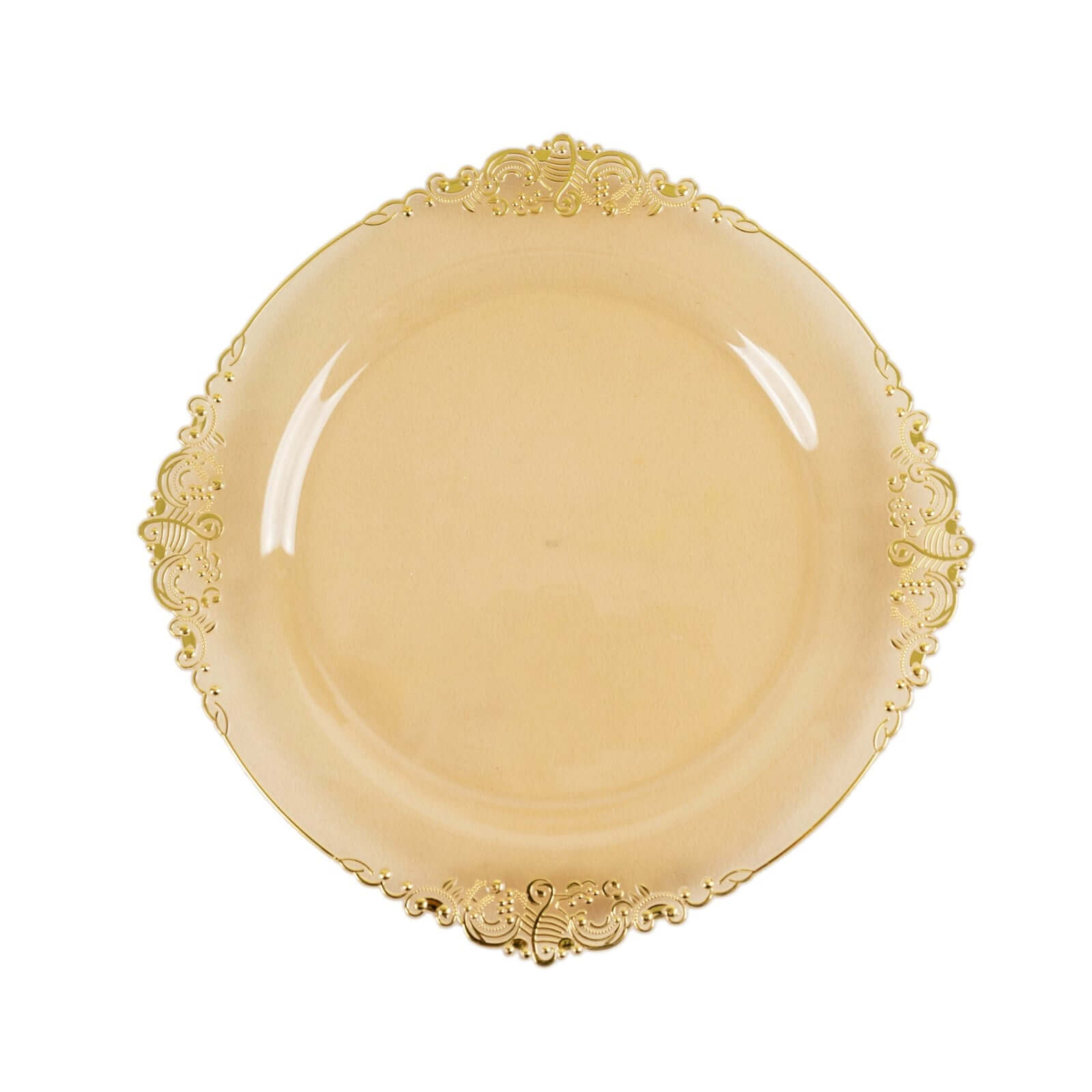 10-Pack Disposable Plastic Round Dinner Plates in Transparent Amber Gold with Gold Leaf Rim