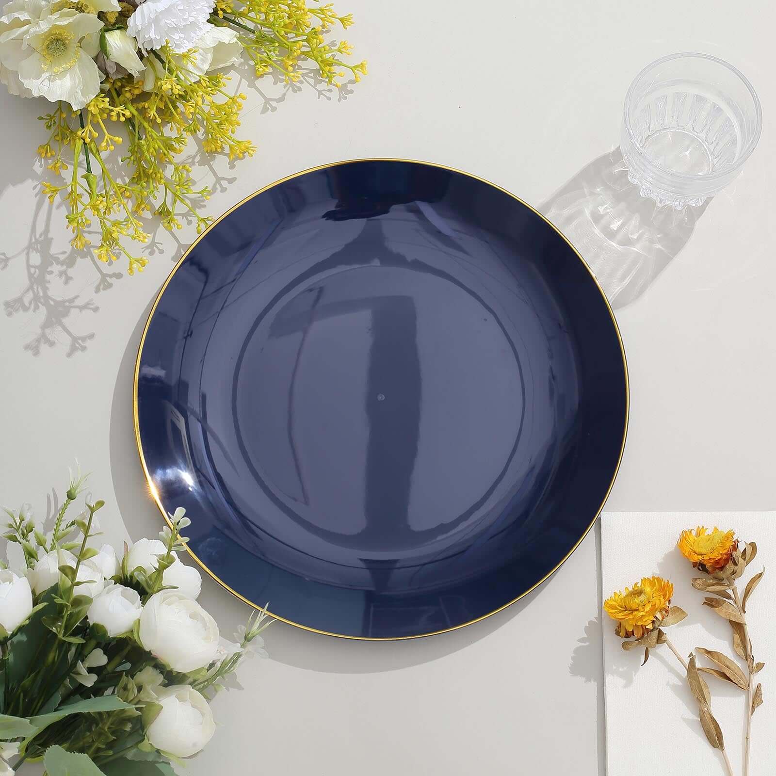 10-Pack Navy Blue Plastic Round Dinner Plates with Gold Rim - Disposable for Party