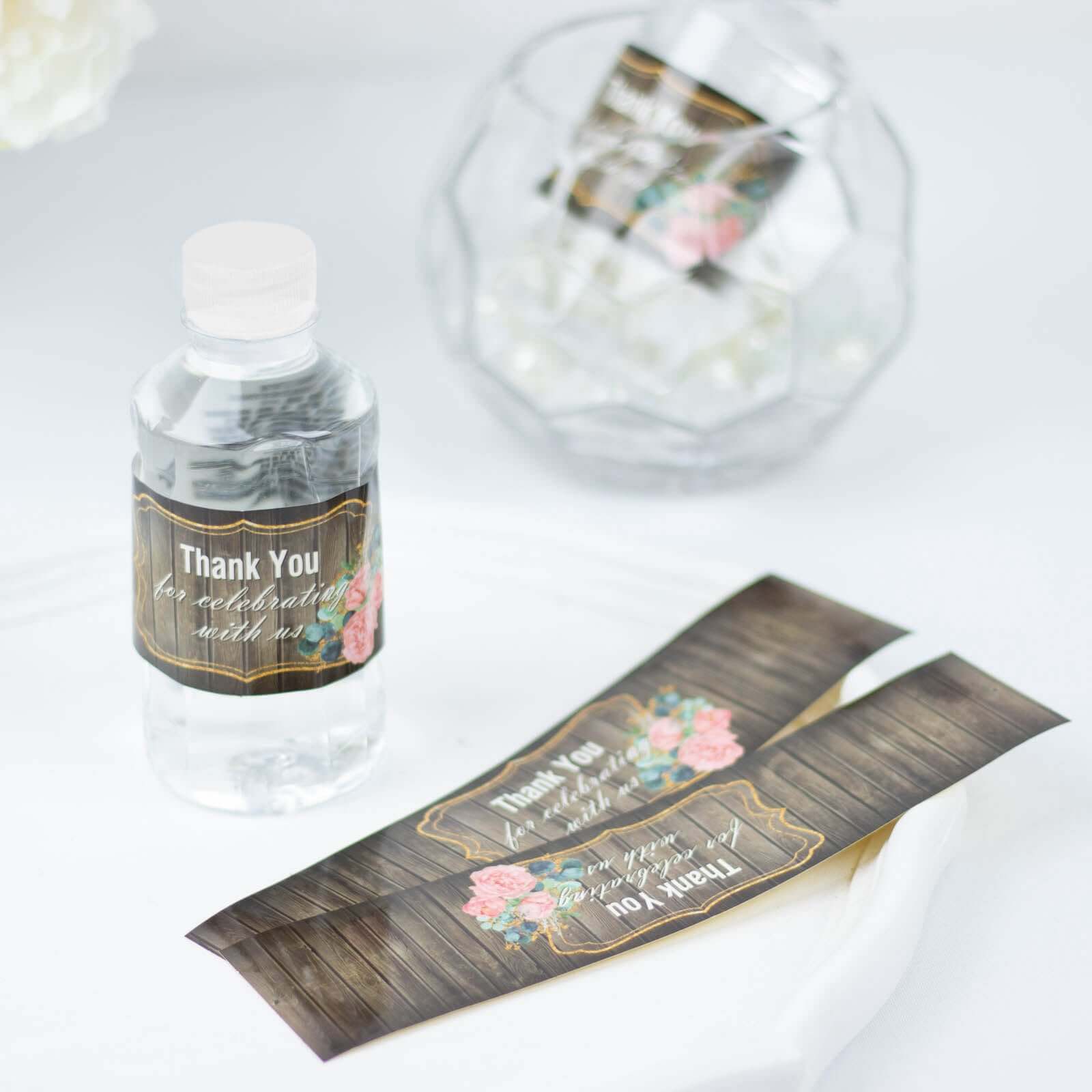 24-Pack Waterproof Rustic Water Bottle Labels with Gold Floral Frame - Thank You!