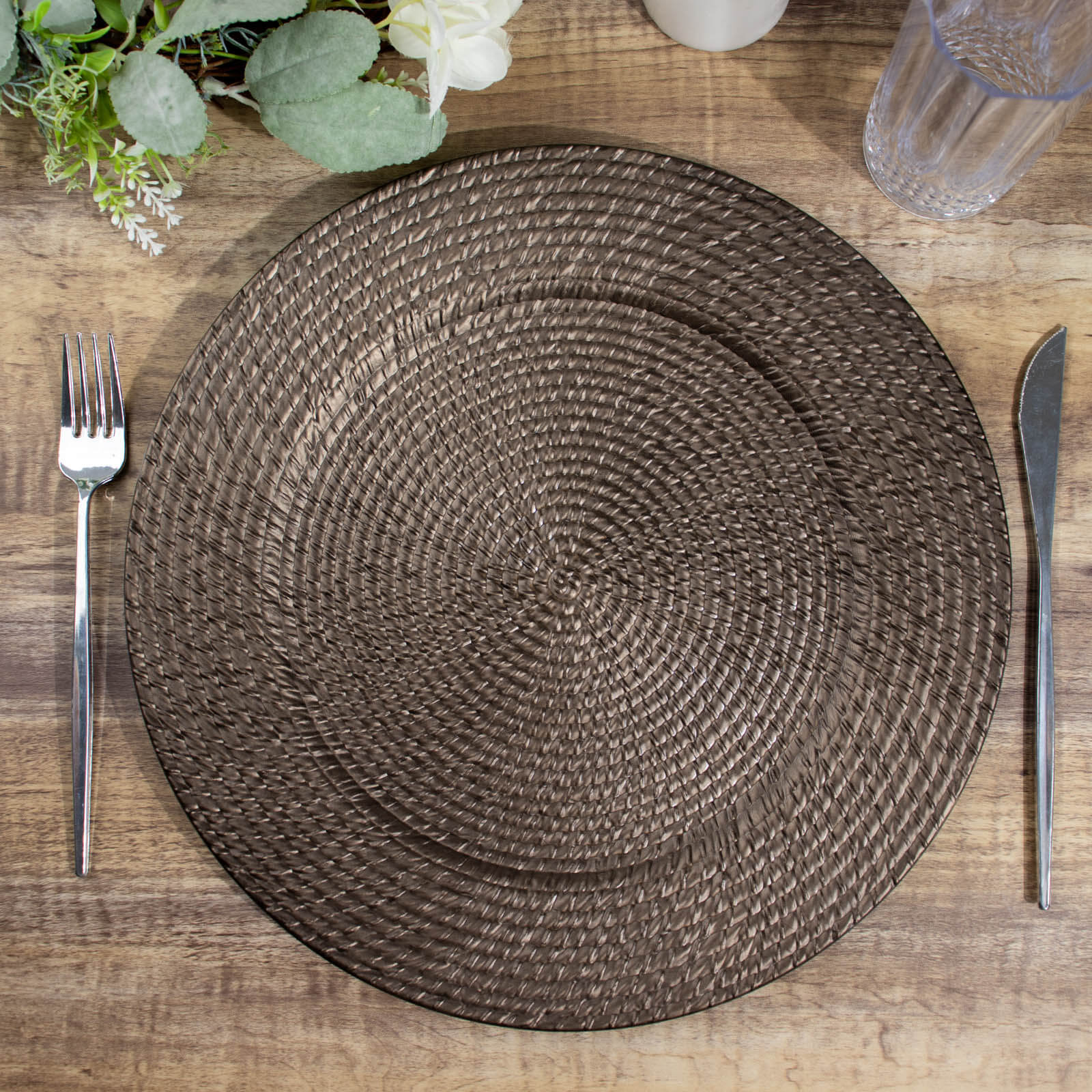 6-Piece Set of 13-Inch Natural Brown Acrylic Charger Plates with Rattan Look, Reusable for Events
