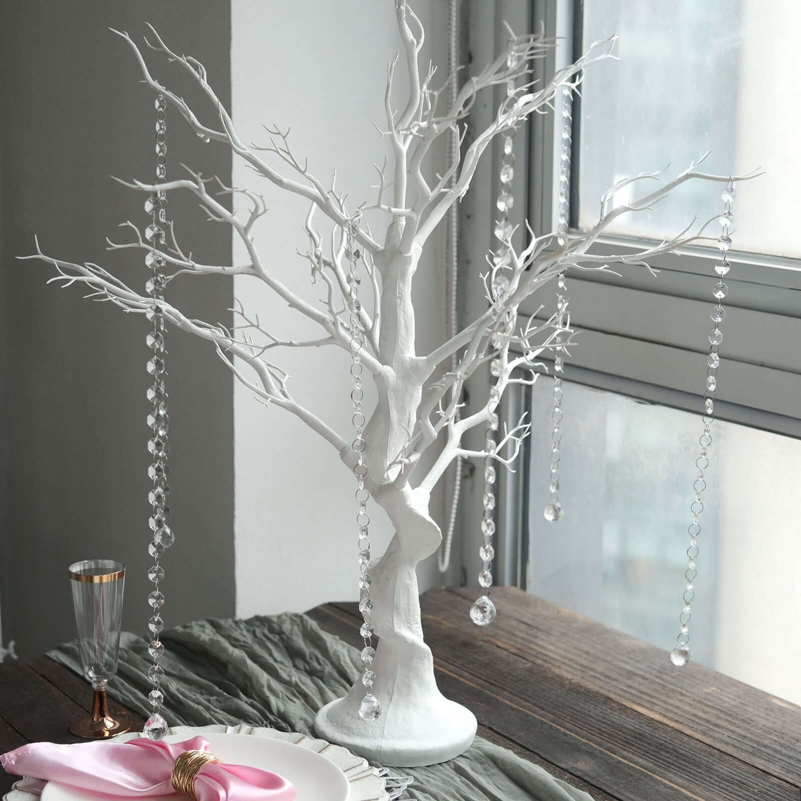 Hot Sale! White Manzanita Artificial Tree Centerpiece with 8 Acrylic Bead Chains for Modern Weddings and Parties