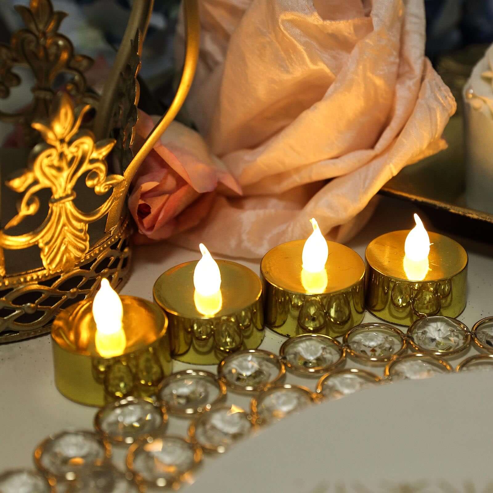Amazing 12-Pack Reusable Flameless LED Tealight Candles with Metallic Gold Design, Battery Operated