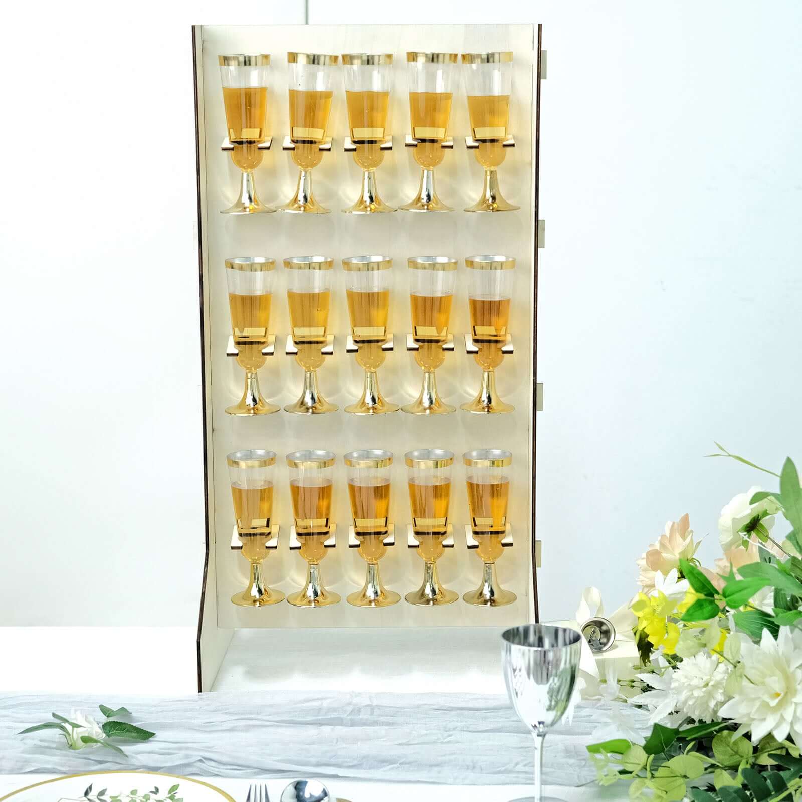 White 3-Tier Wooden Rectangle Floor Standing Champagne Glass Holder for Rustic Events