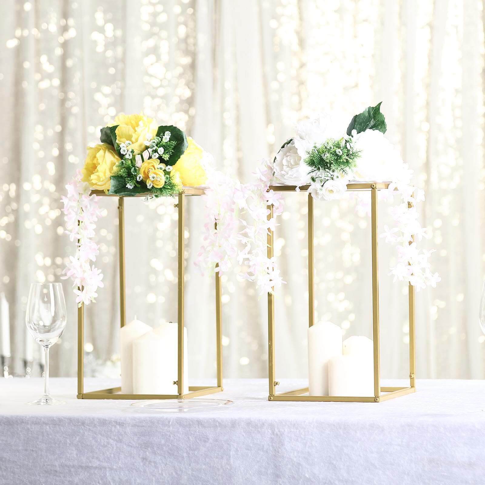 2-Pack Matte Gold Metal Rectangular Geometric Column Flower Stand for Elegant Floral Arrangements