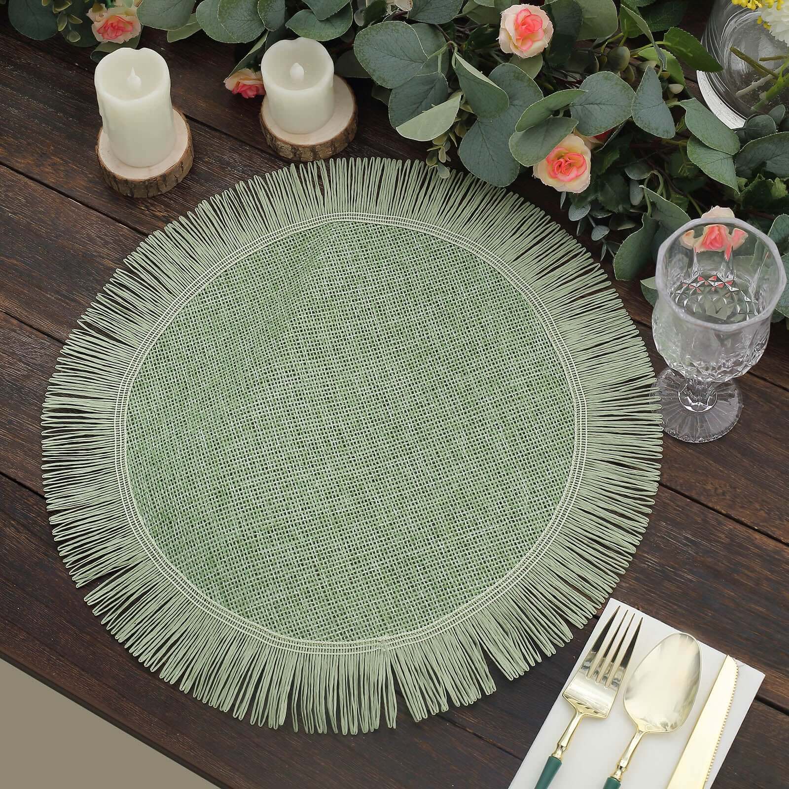4-Piece Sage Green Jute Round Placemats with Fringe Edge - Rustic Boho Table Decor