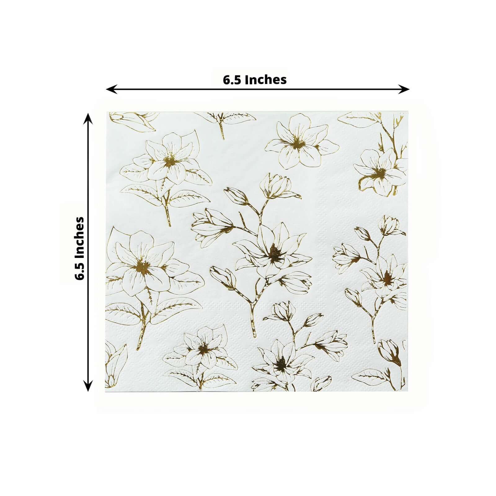 50-Pack 2-Ply Absorbent Soft White Paper Cocktail Napkins with Gold Magnolia Prints