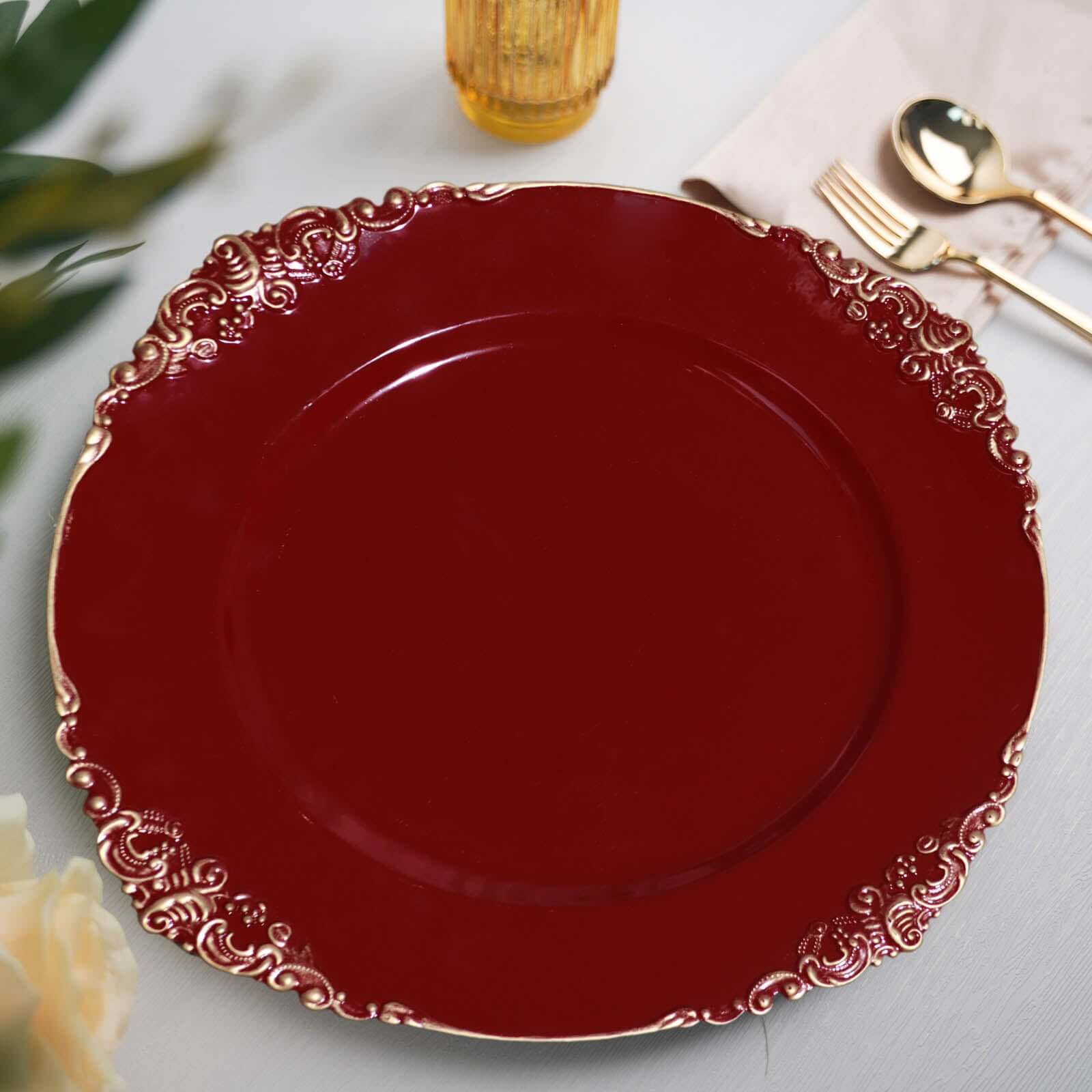 6-Piece Set of 13-Inch Burgundy Acrylic Round Charger Plates with Gold Embossed Baroque Rim for Decorative Dinners