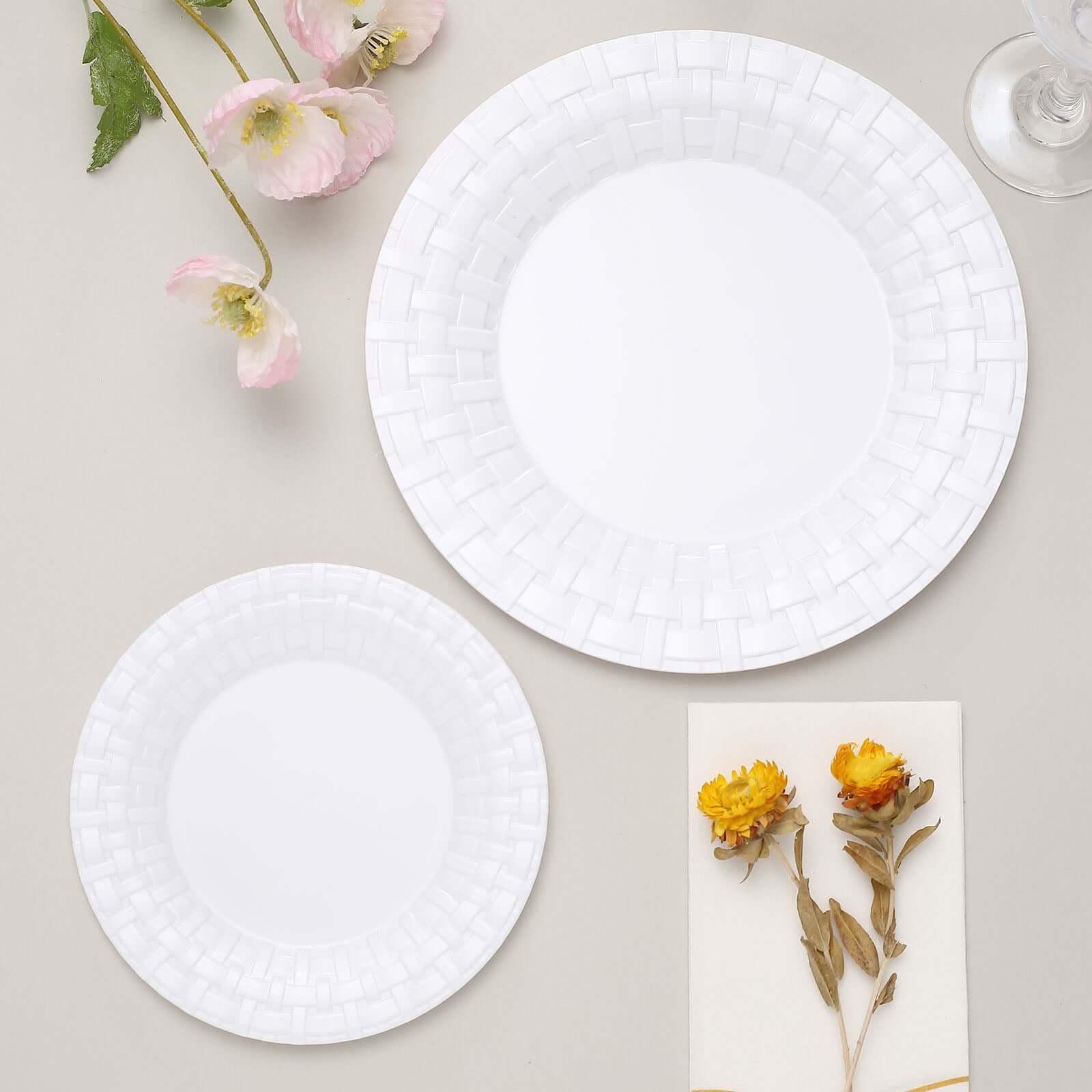 10-Pack Durable Disposable White Basketweave Rim Plastic Dinner Plates, 10"