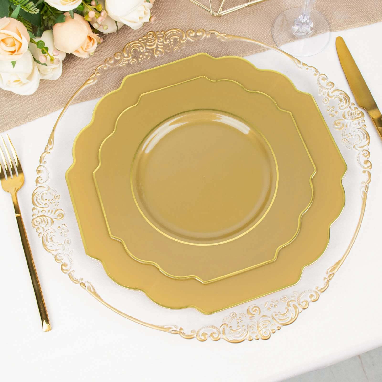 Get 10-Pack Heavy Duty Disposable Gold Baroque Dinner Plates with Scalloped Rim for Events