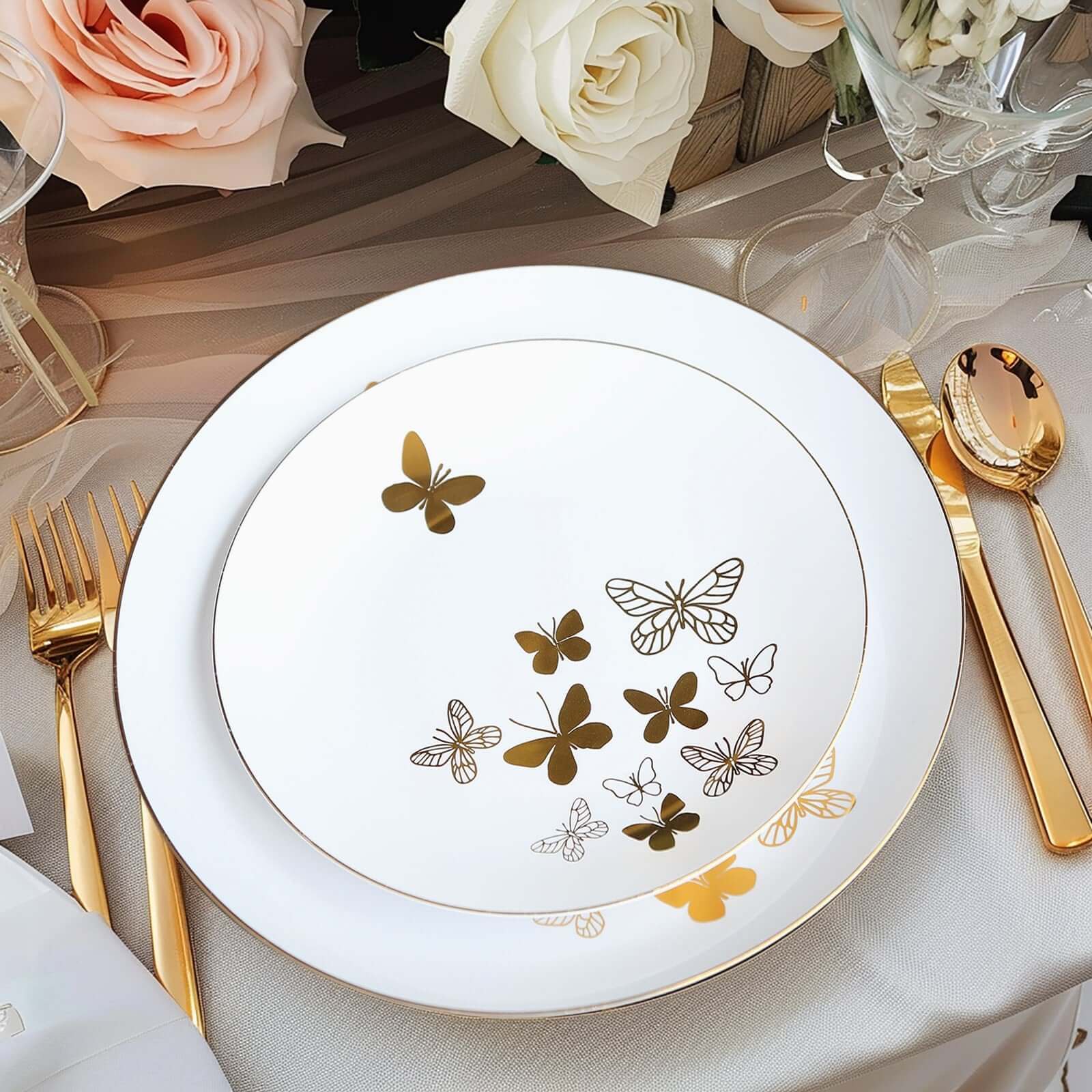 Get 20-Piece White Plastic Dinner & Salad Plates with Gold Butterfly Design & Rim - Ideal for Buffets & Events