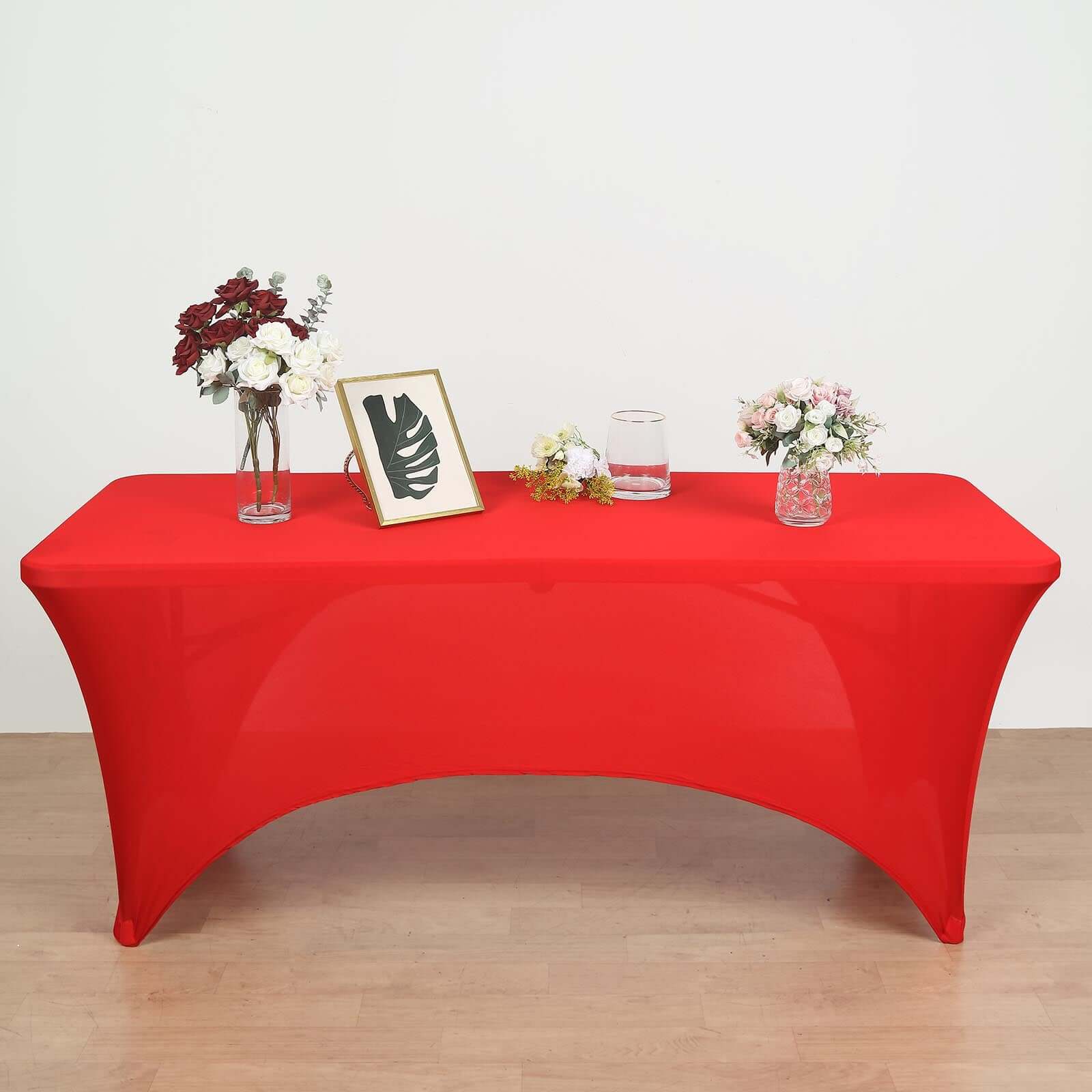 Red Stretch Spandex 96x30 Rectangle Table Cover with Curved Open Back for Professional Look