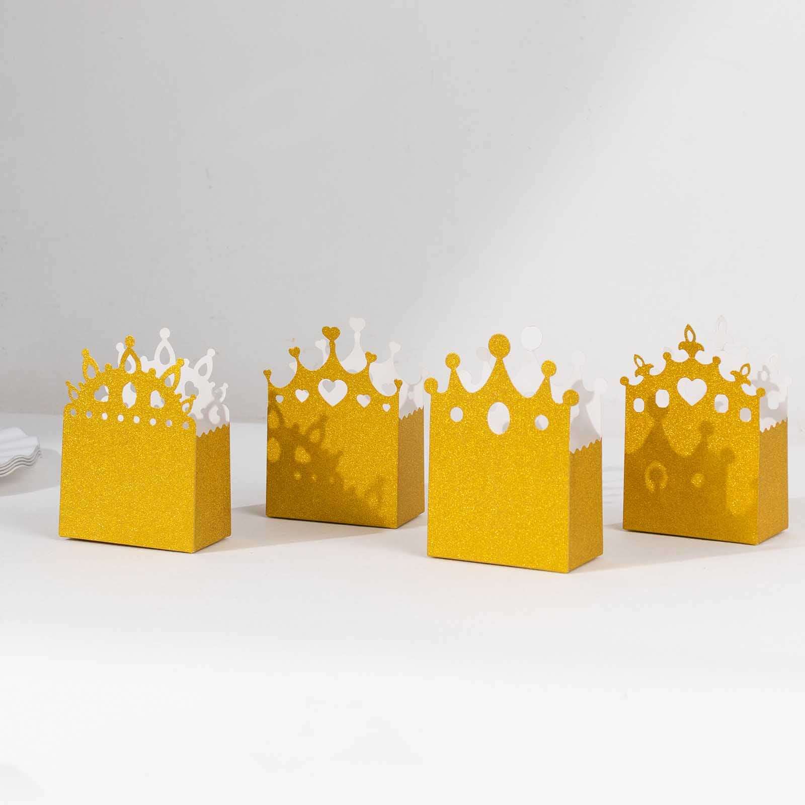 20-Pack Gold Glitter Princess Crown Cardstock Favor Boxes - Ideal for Weddings, Birthdays & Showers