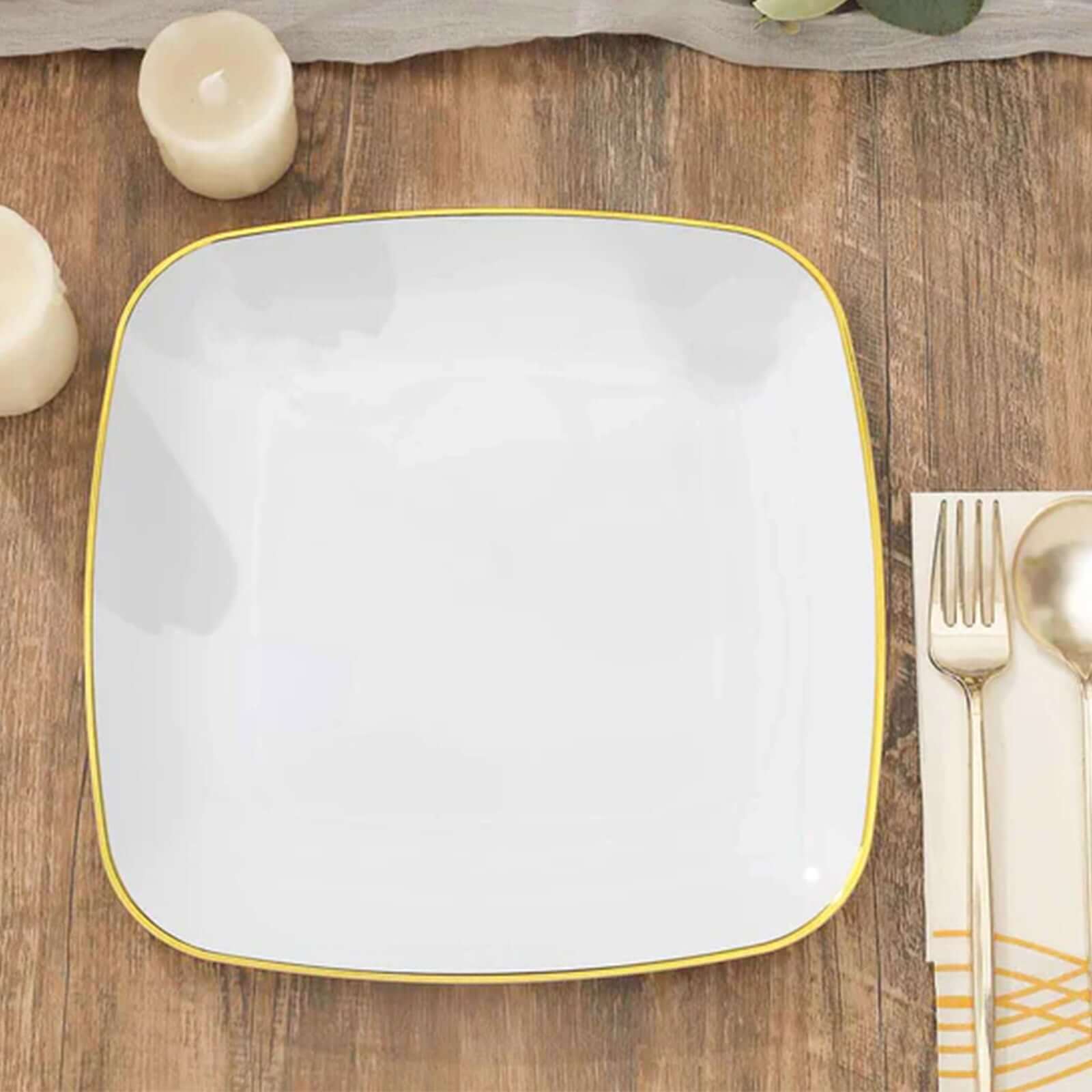 10-Pack White Plastic Dinner Plates with Gold Rim - Disposable for Weddings and Special Events