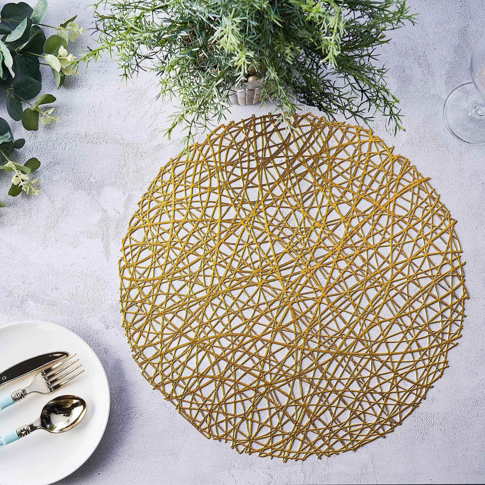 6-Piece Set of Durable Gold Vinyl Round Woven Non-Slip Dining Placemats 15