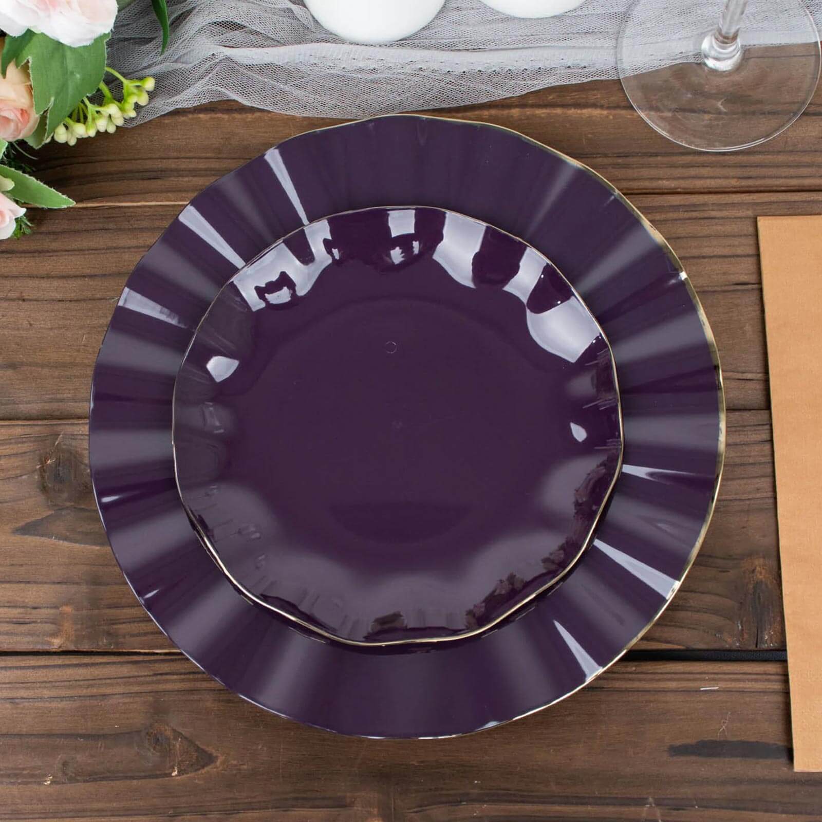 10-Pack Purple Plastic Round Dessert Plates with Gold Edging - Sturdy Disposable Dinnerware