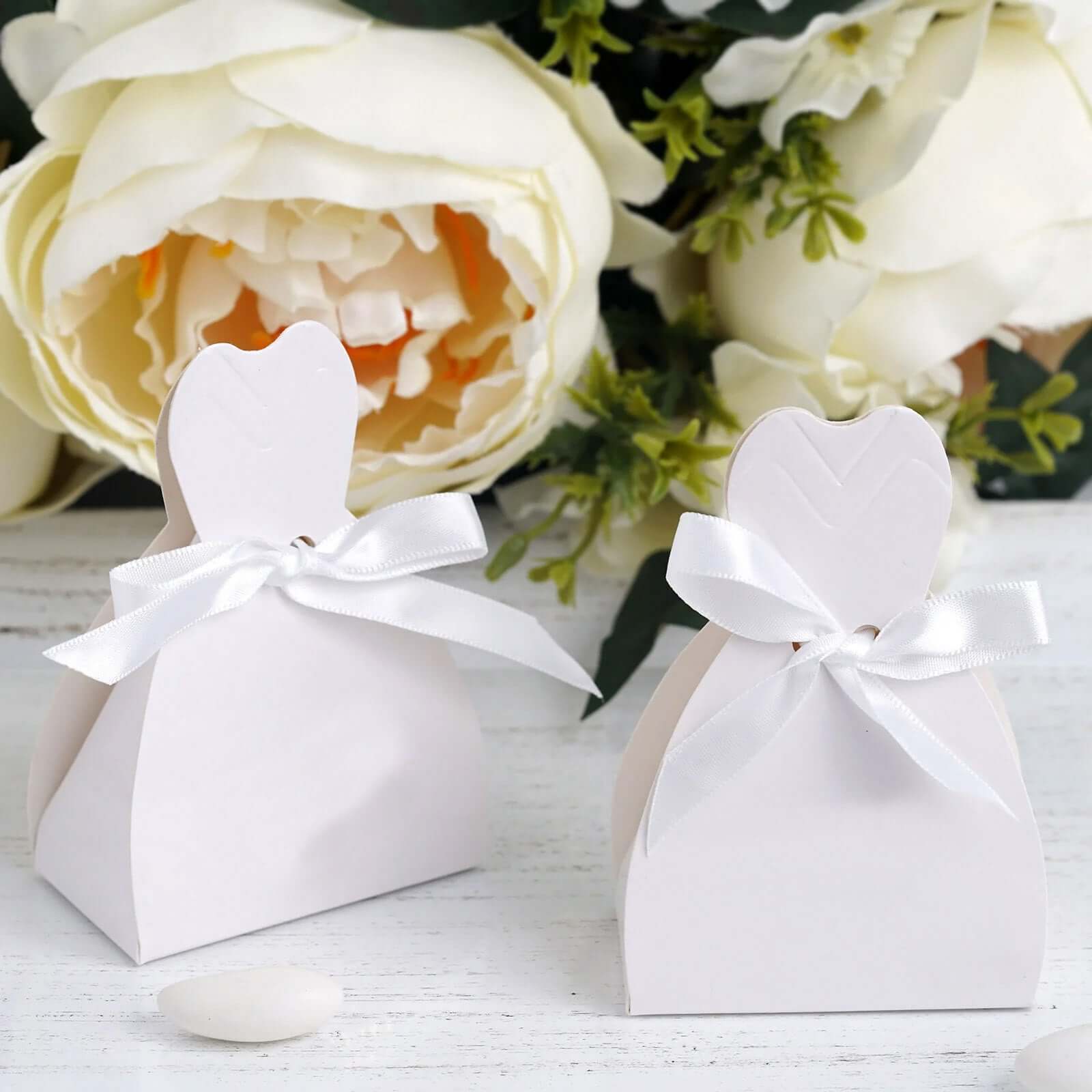 Get 100-Pack White Wedding Dress Candy Gift Boxes with Satin Ribbon Ties, Ideal for Party Favors