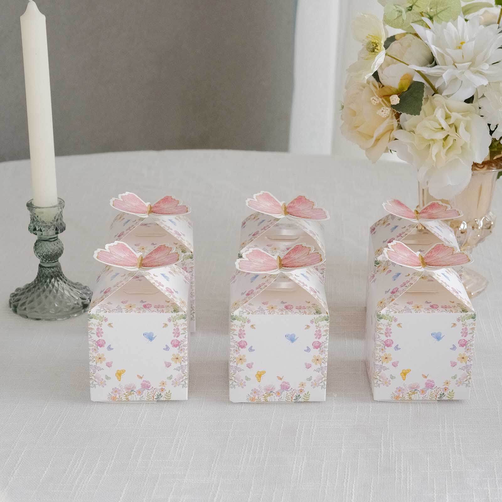 Hot Deal! 25-Pack White and Pink Glitter Butterfly Top Floral Party Favor Candy Gift Boxes