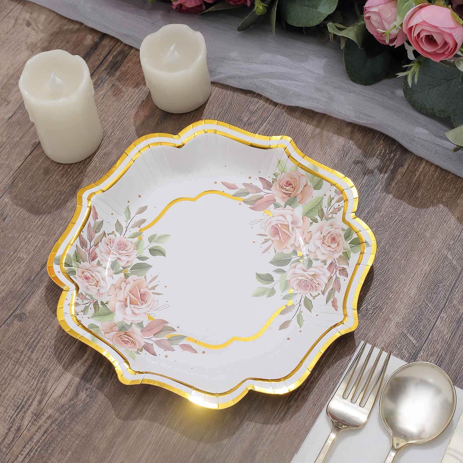 25-Pack Disposable 8-Inch White Floral Gold-Scalloped Dessert Plates for Events