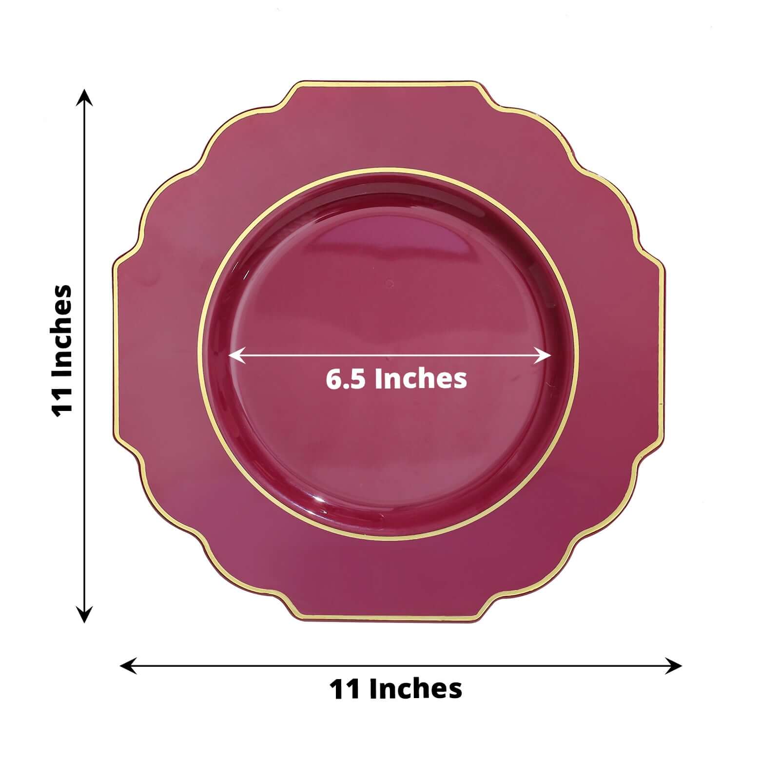 10-Piece Set of Heavy Duty Disposable Burgundy Baroque Dinner Plates with Scalloped Gold Rim