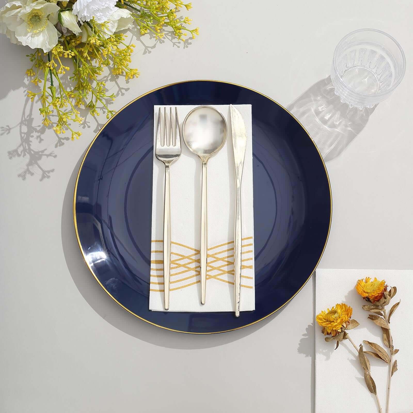 10-Pack Navy Blue Plastic Round Dinner Plates with Gold Rim - Disposable for Party