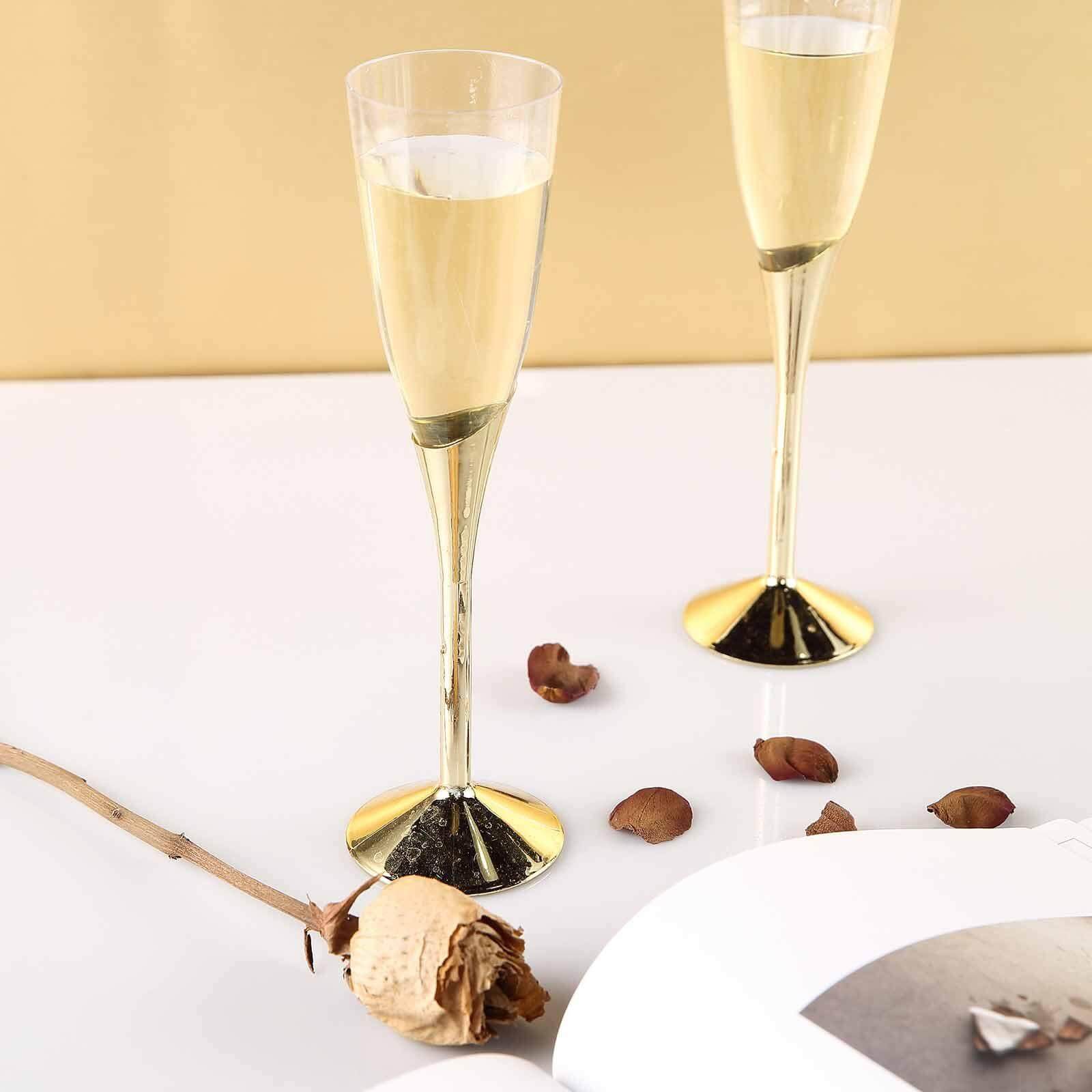 Amazing 6-Pack Disposable Plastic Champagne Flutes, 5oz Clear with Gold Base for Toasts