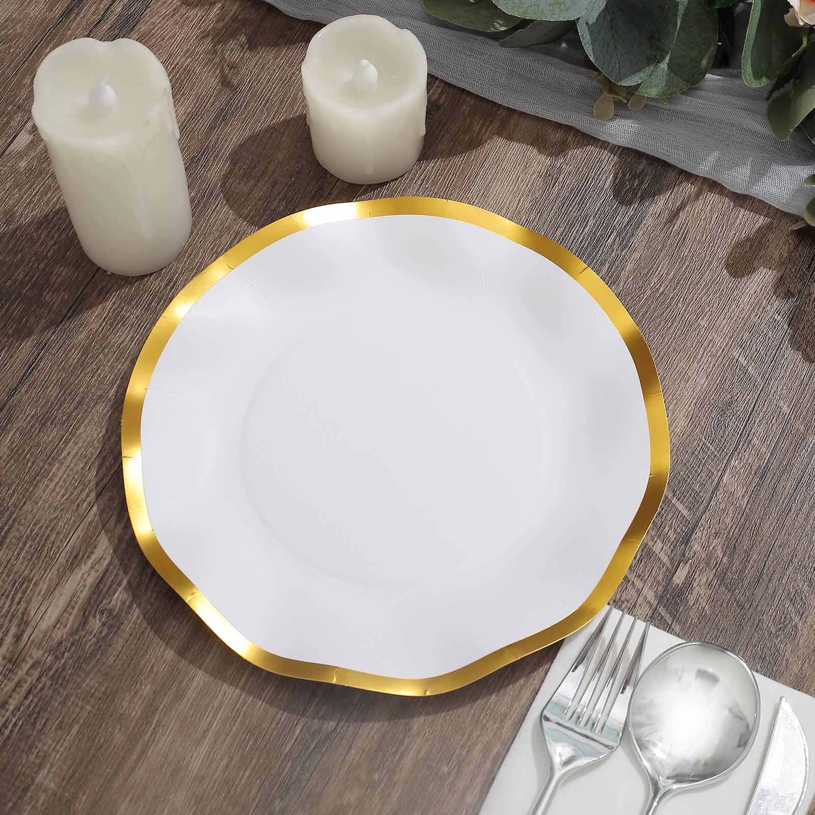 25-Piece Set of Disposable 8-Inch Round Matte White Paper Dessert Plates with Gold Wavy Rim for Upscale Events