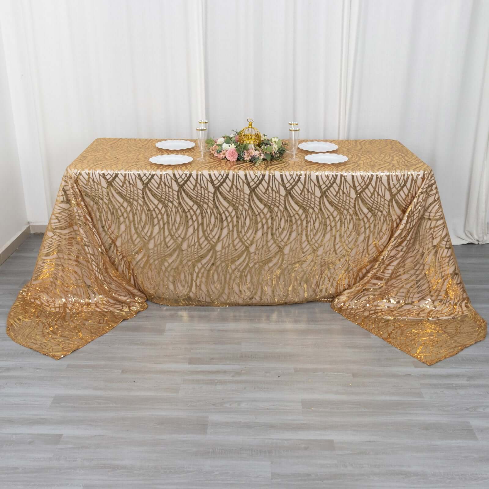 Exclusive Gold Mesh Rectangle Tablecloth with Wave Sequin Embroidered Design for Elegant Occasions