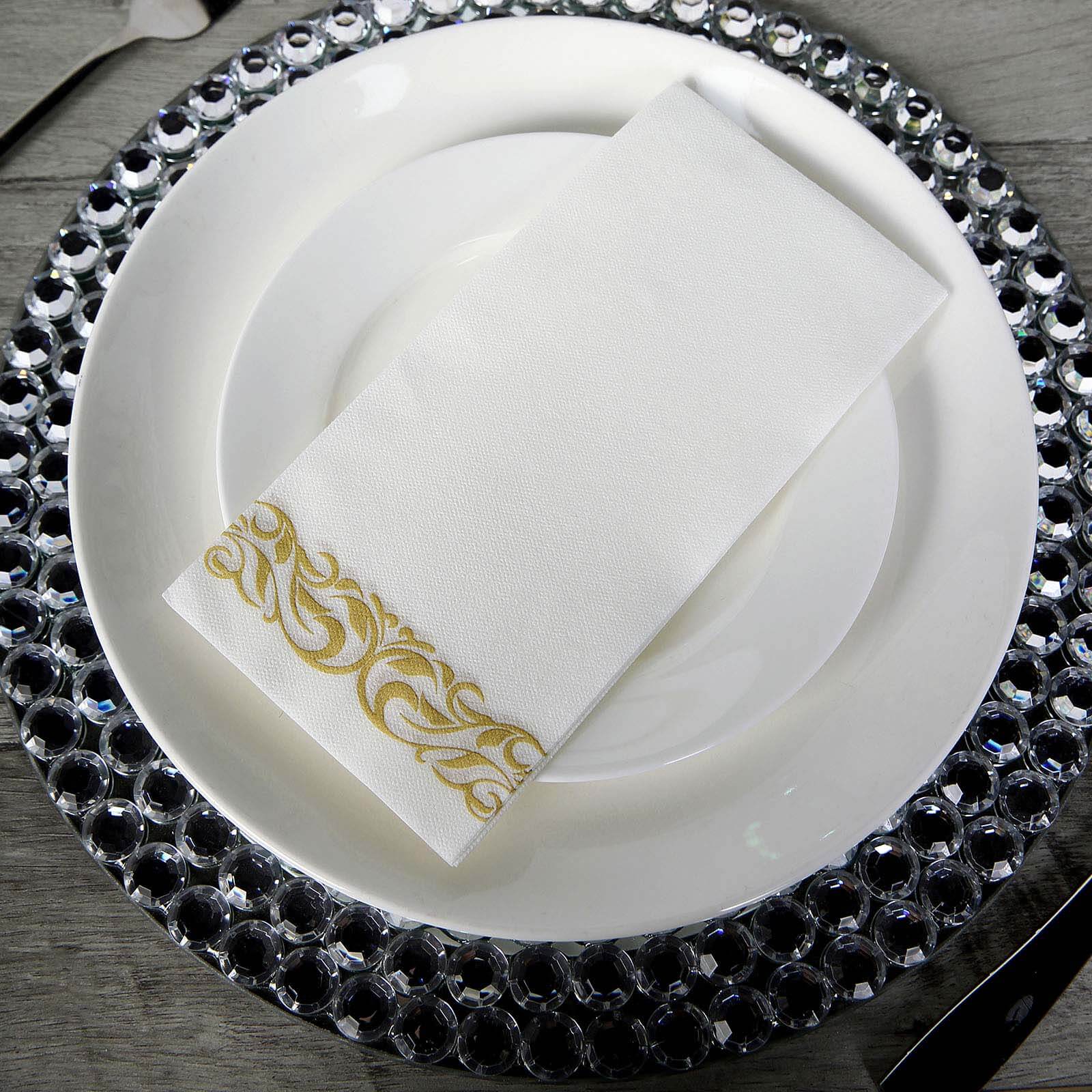 25-Pack Premium White Paper Napkins with Metallic Gold Foil Scroll Design - Ideal for Weddings & Events