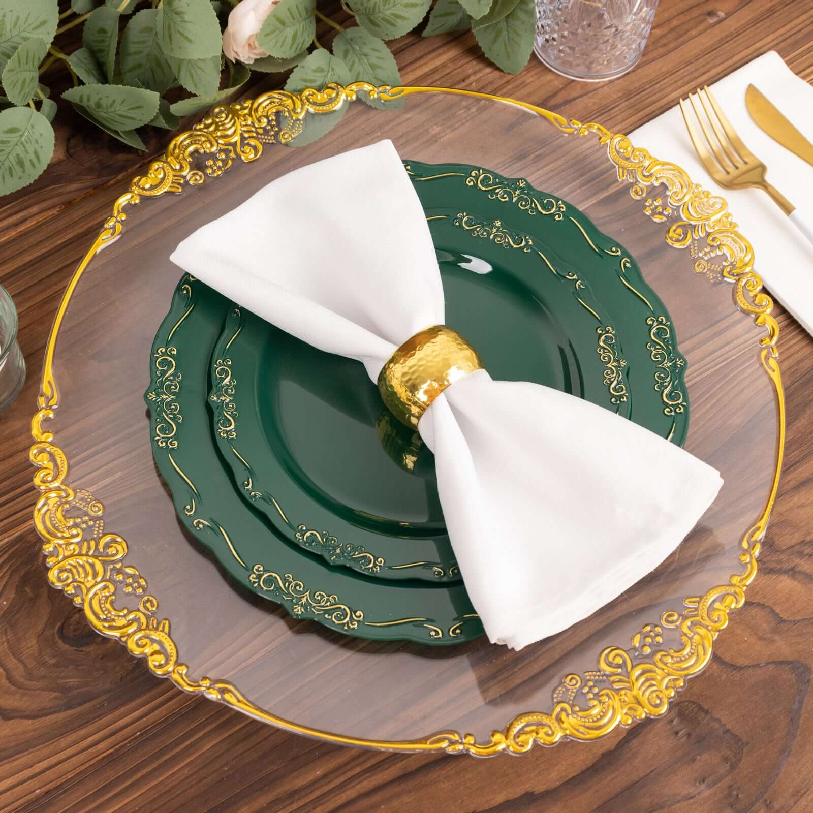 10-Pack Sturdy Disposable Round Dinner Plates in Hunter Green with Gold Embossed Rim
