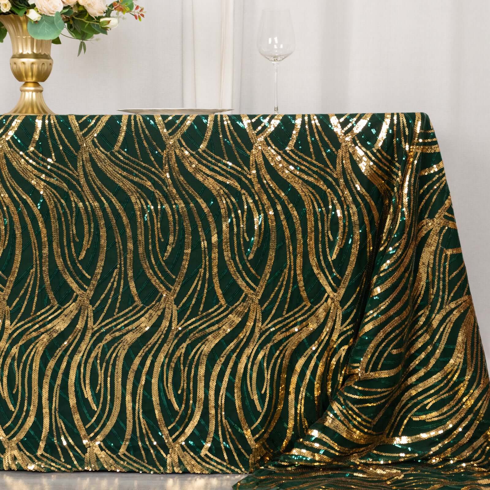 Sparkling Wave Sequin Embroidered Mesh Rectangle Tablecloth - Hunter Emerald Green/Gold