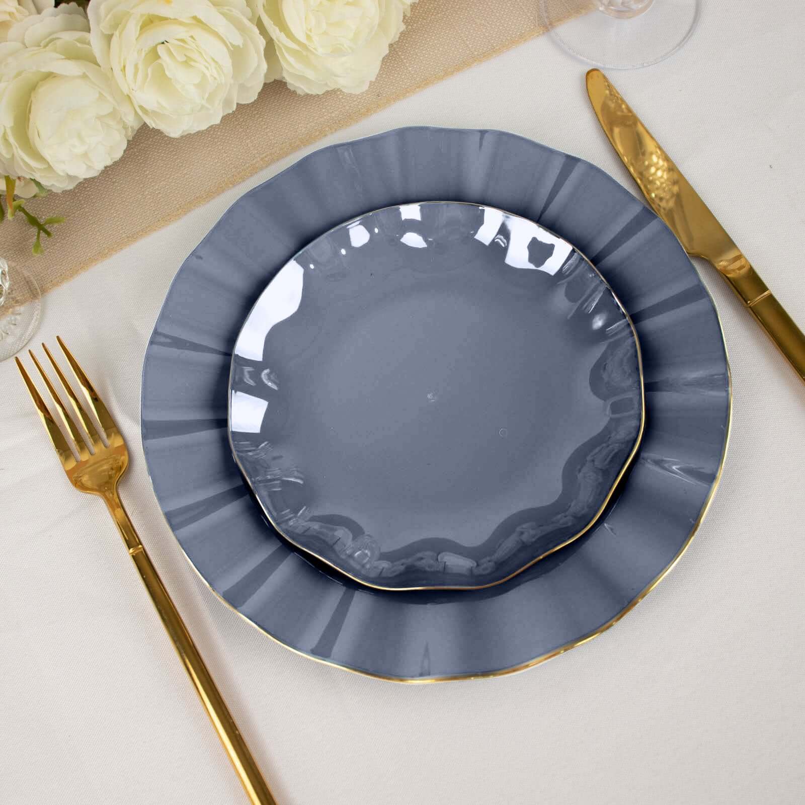 Great Deal! 10-Pack Navy Blue Plastic Round Dessert Plates with Ruffled Rim and Gold Edging