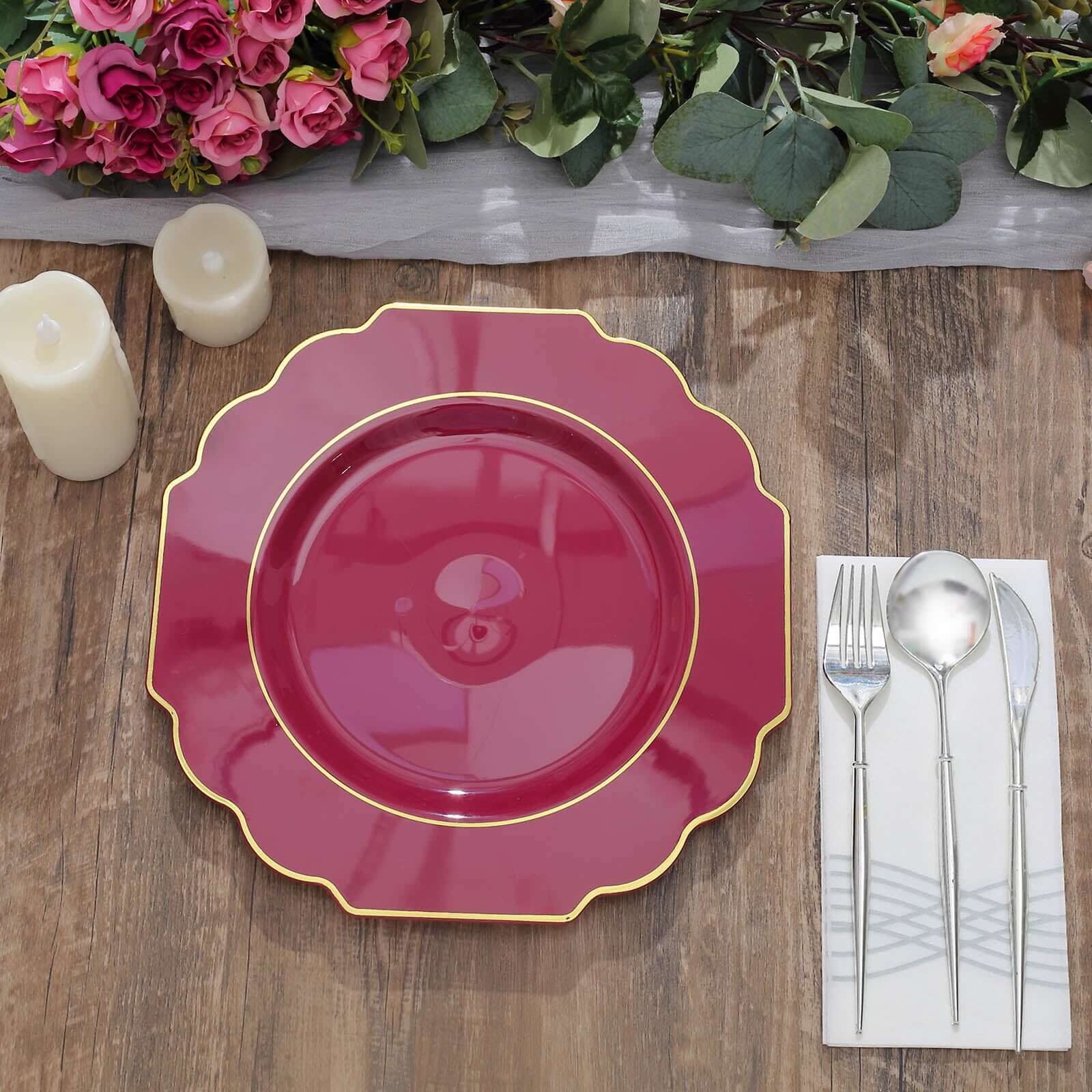 10-Piece Set of Heavy Duty Disposable Burgundy Baroque Dinner Plates with Scalloped Gold Rim