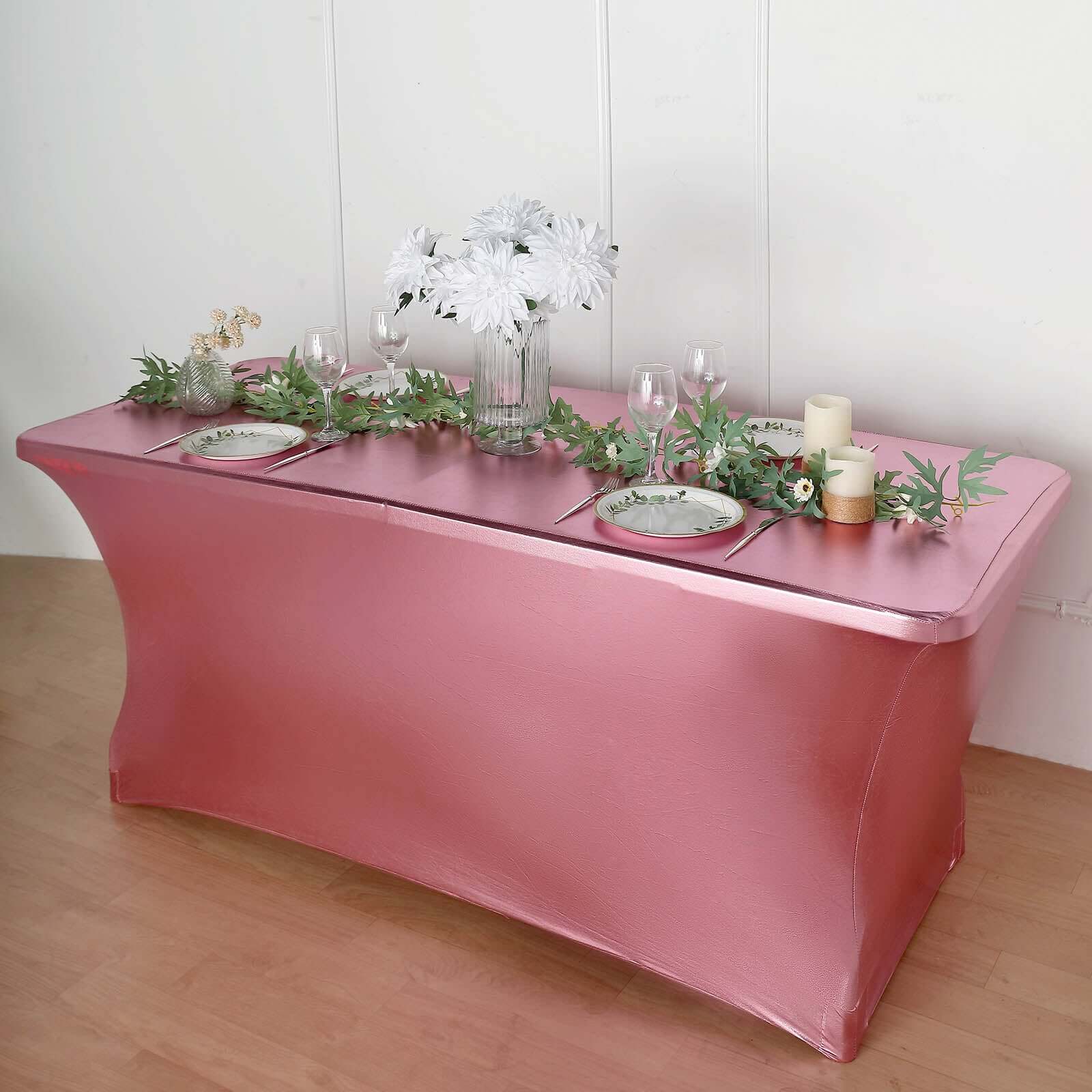 Hot Sale! 4-Way Stretch Metallic Rose Gold Spandex Tablecloth for 6FT Rectangular Tables