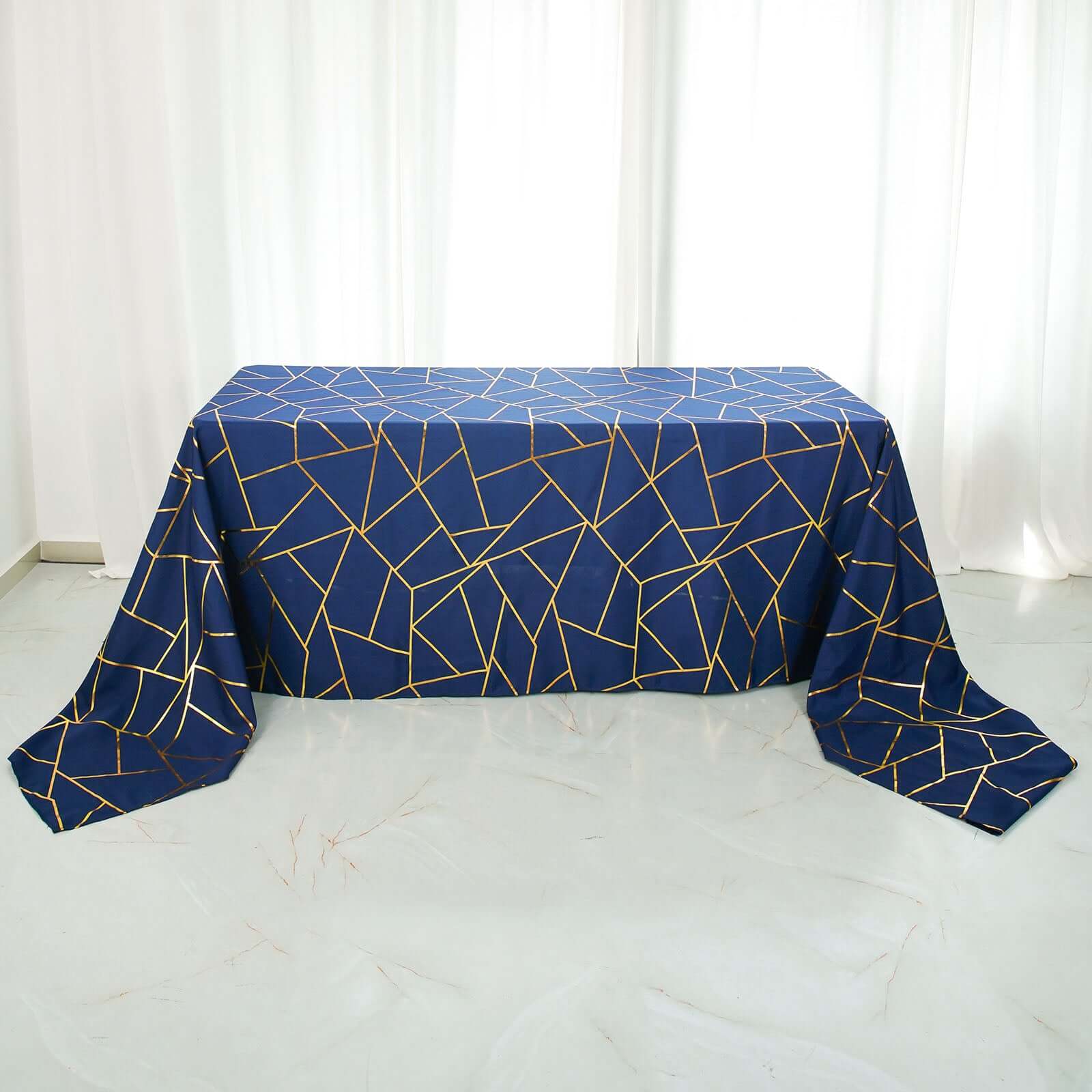 Wrinkle-Resistant Navy Blue Polyester Tablecloth with Gold Foil Pattern for Elegant Events