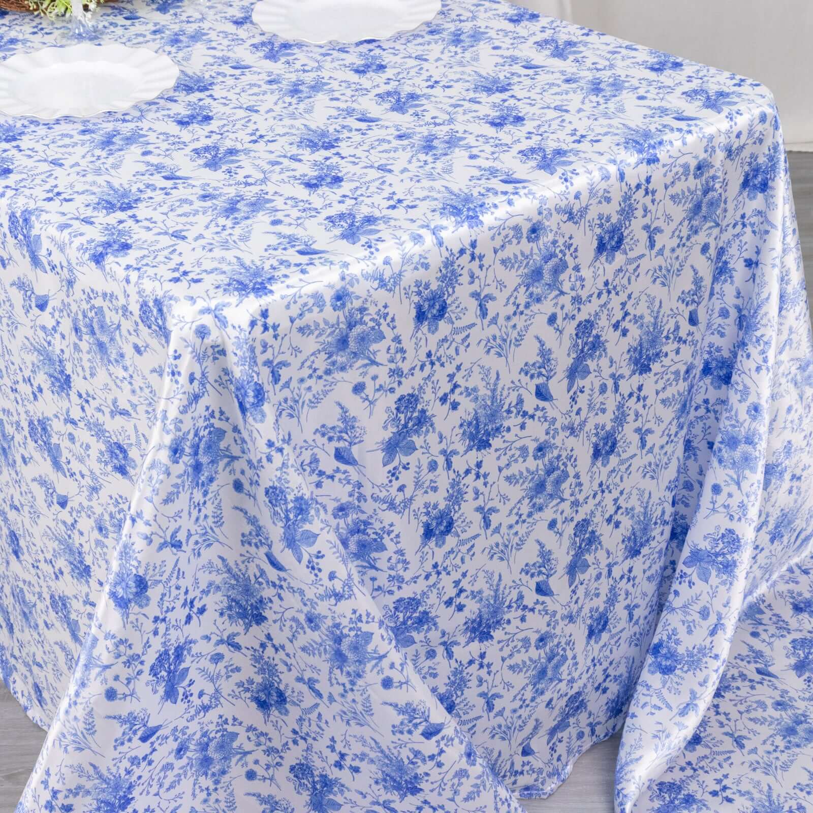 Exclusive Satin 90x132 Rectangular Tablecloth - White/Blue French Toile Design, Wrinkle-Resistant