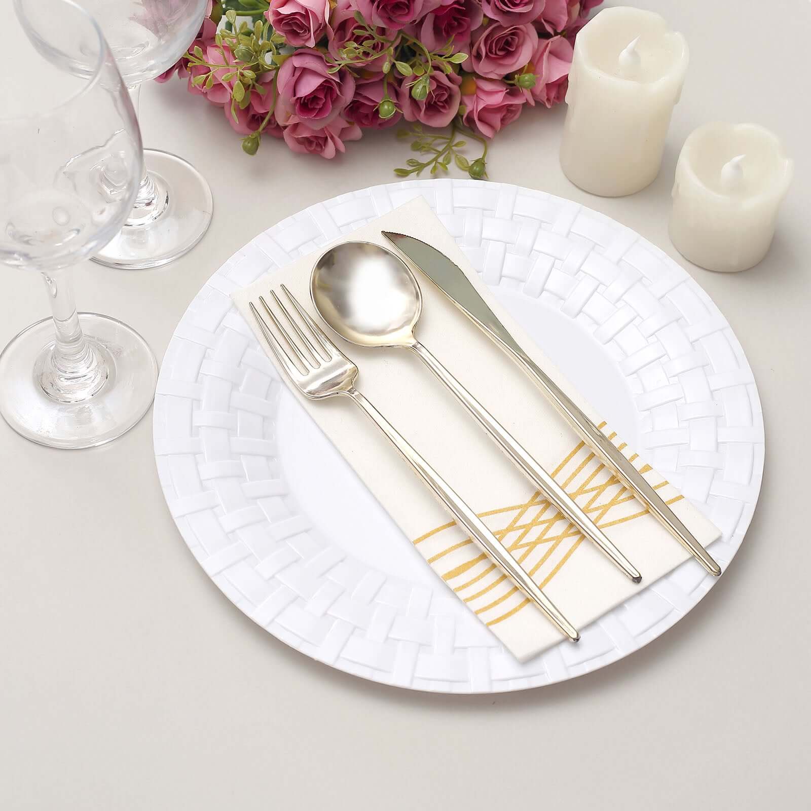 10-Pack Durable Disposable White Basketweave Rim Plastic Dinner Plates, 10"