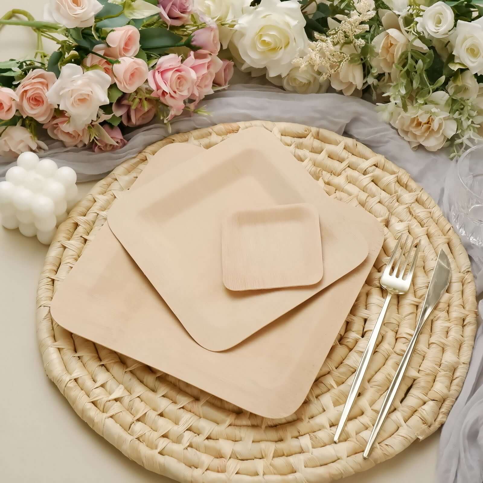 10-Pack Natural Bamboo 9 Square Dinner Plates - Eco-Friendly Disposable for Events