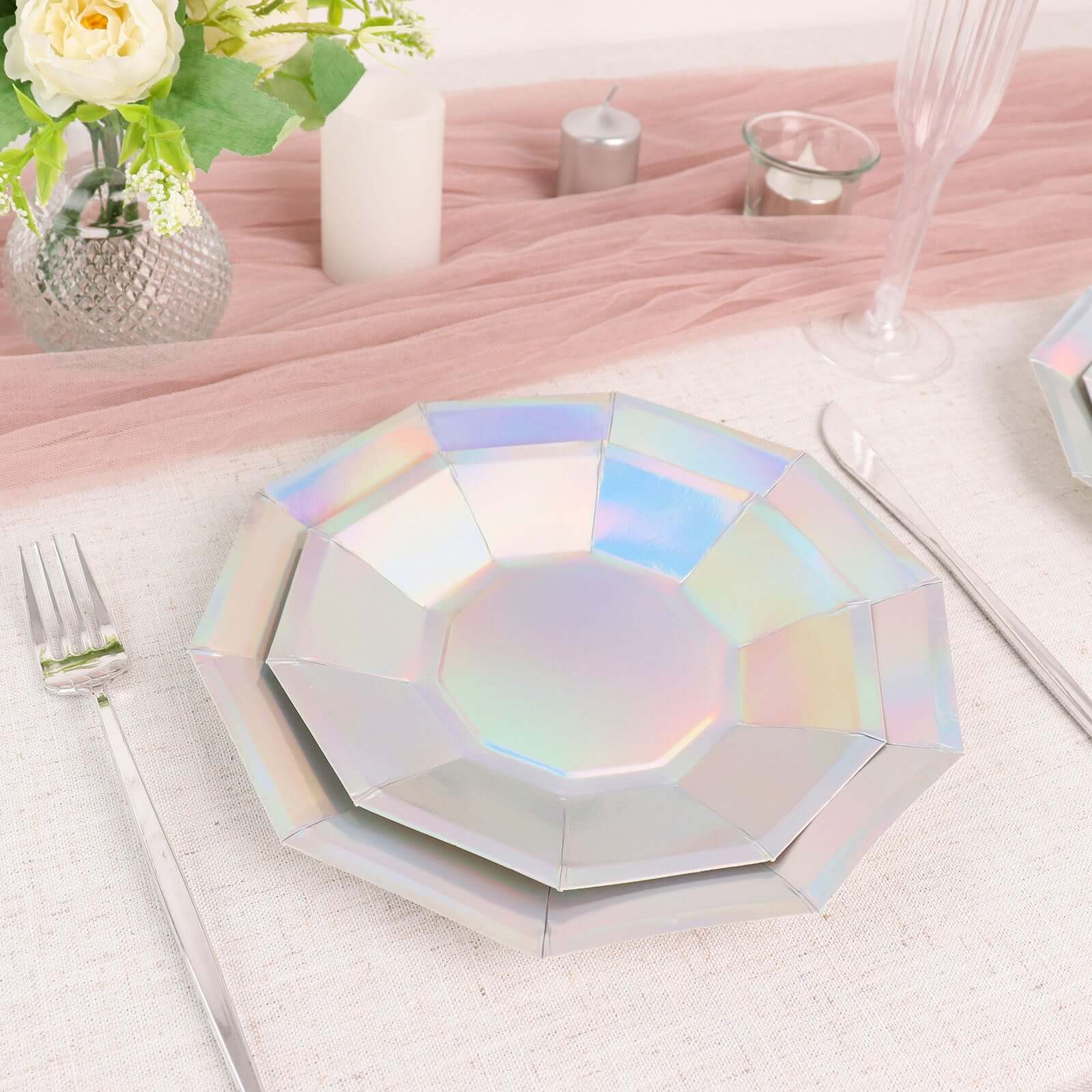 25-Pack 9-Inch Iridescent Decagon Disposable Dinner Plates for Disco & Space Parties