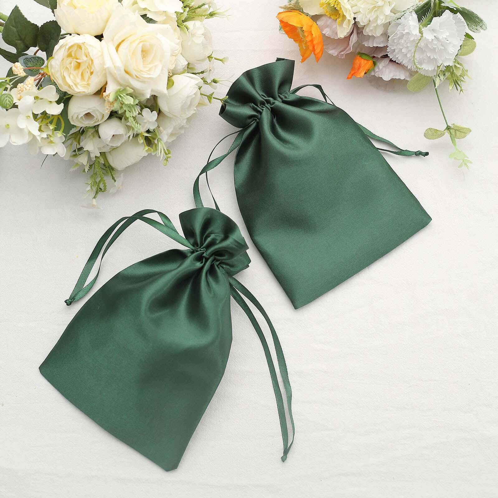 12-Piece Set of 6x9 Hunter Emerald Green Satin Drawstring Wedding Favor Gift Bags