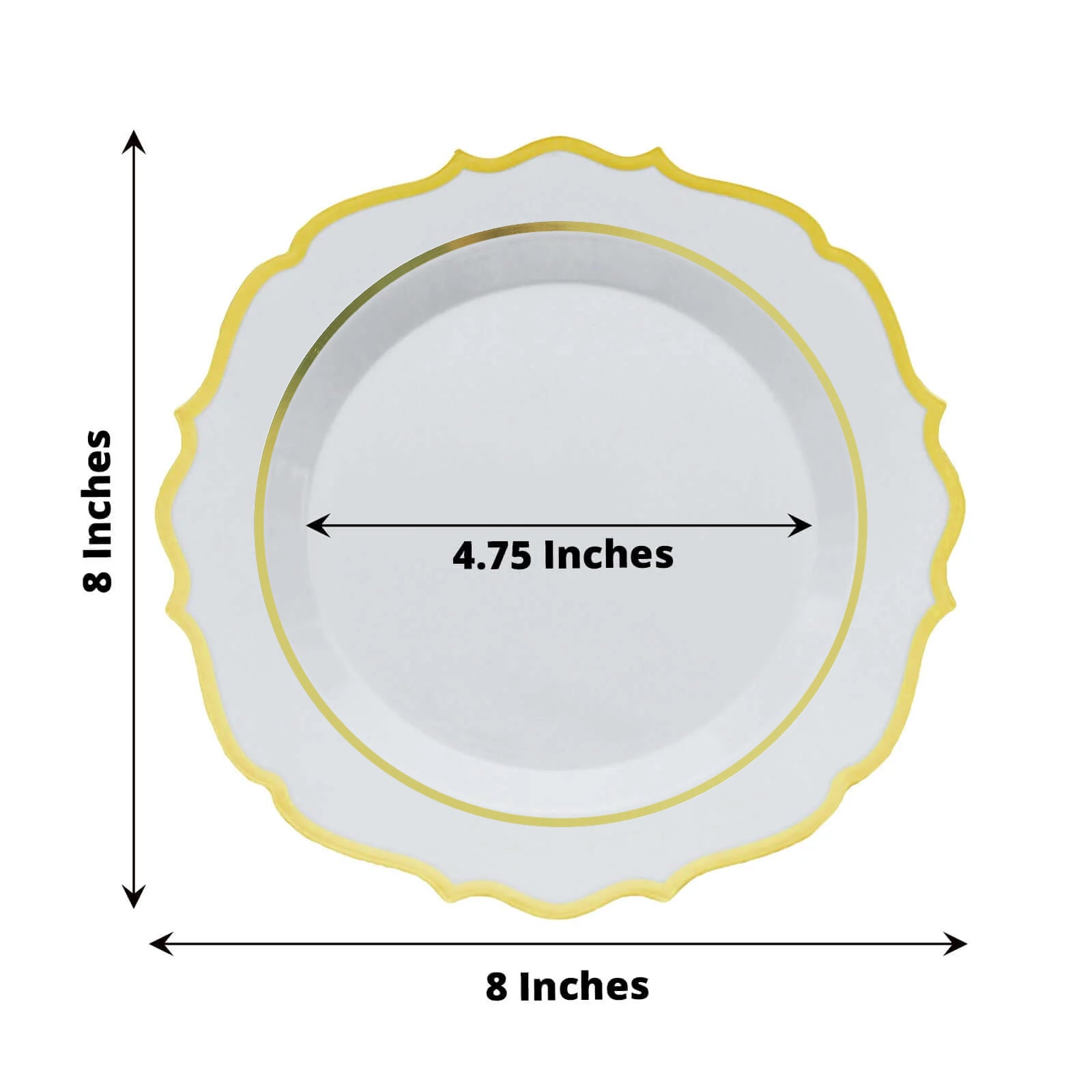 10-Piece Set of Disposable White Plastic Round Desert Plates with Gold Scalloped Rims for Elegant Events