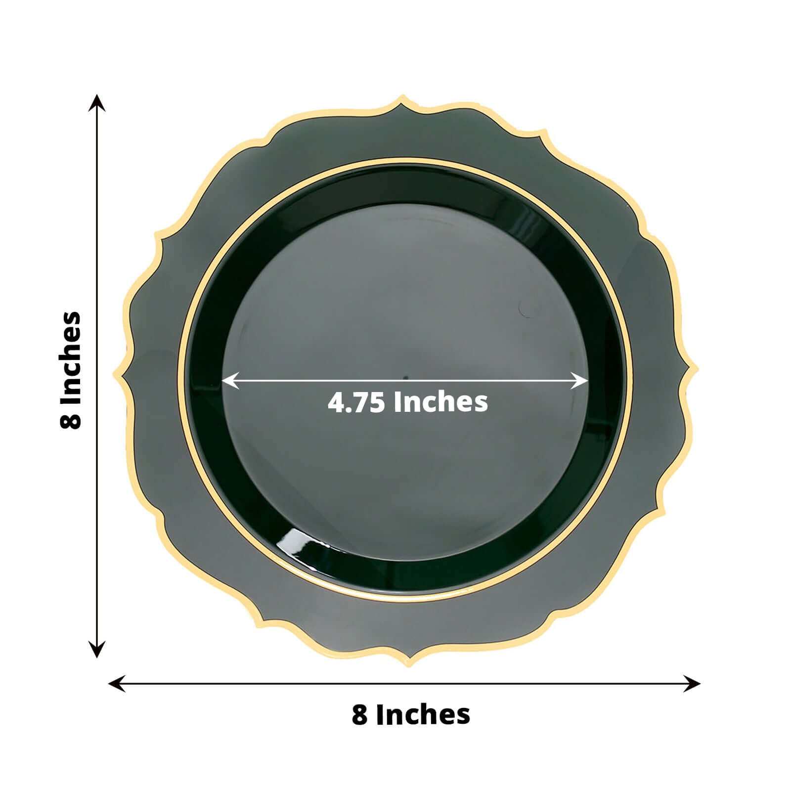 10-Pack Disposable 8-Inch Round Salad Plates in Hunter Green with Gold Scalloped Rim