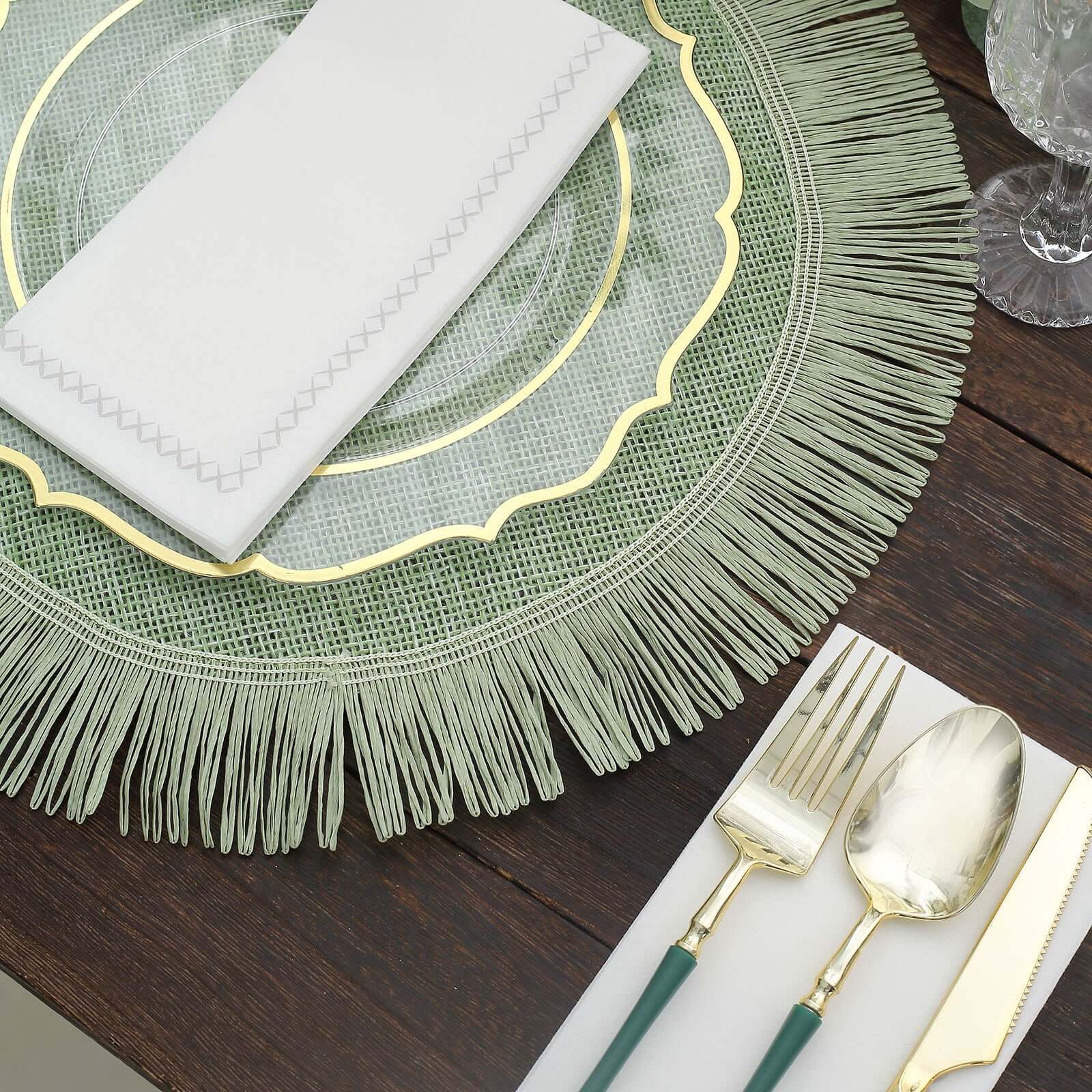 4-Piece Sage Green Jute Round Placemats with Fringe Edge - Rustic Boho Table Decor